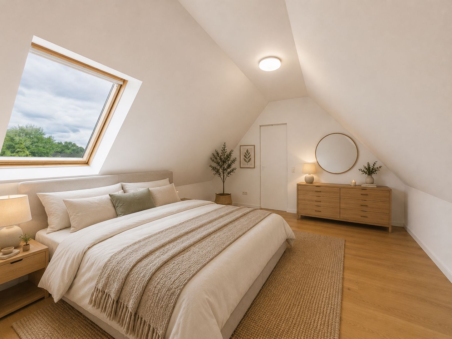 Helles Schlafzimmer mit Dachfenster, großem Bett, Kommode und Pflanzen auf Holzfußboden.