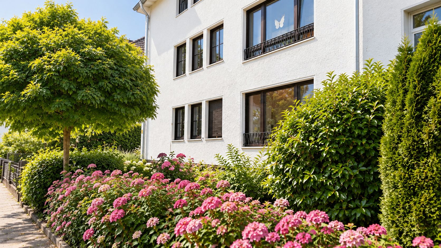 Weiße Wohnhausfassade mit mehreren Fenstern, davor blühende pinke Hortensien und ein Baum.