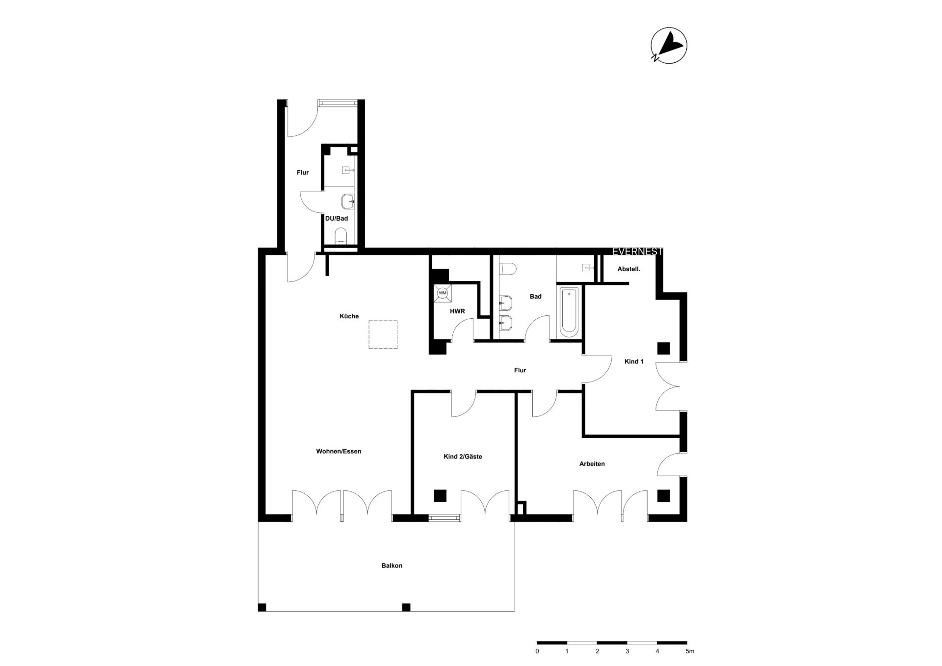 Grundriss einer Wohnung mit Wohnzimmer, Küche, drei Zimmern, Bad, Abstellraum und Balkon.