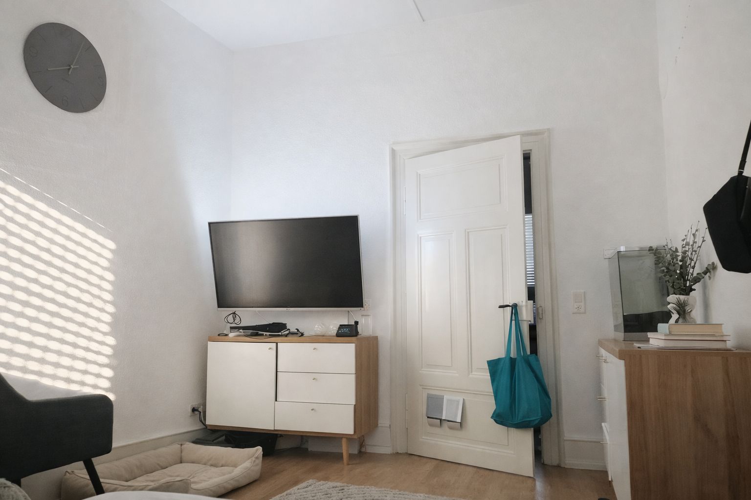Helles Zimmer mit Fernseher, Kommode, Sessel, Tür und Hundebett auf Holzfußboden.