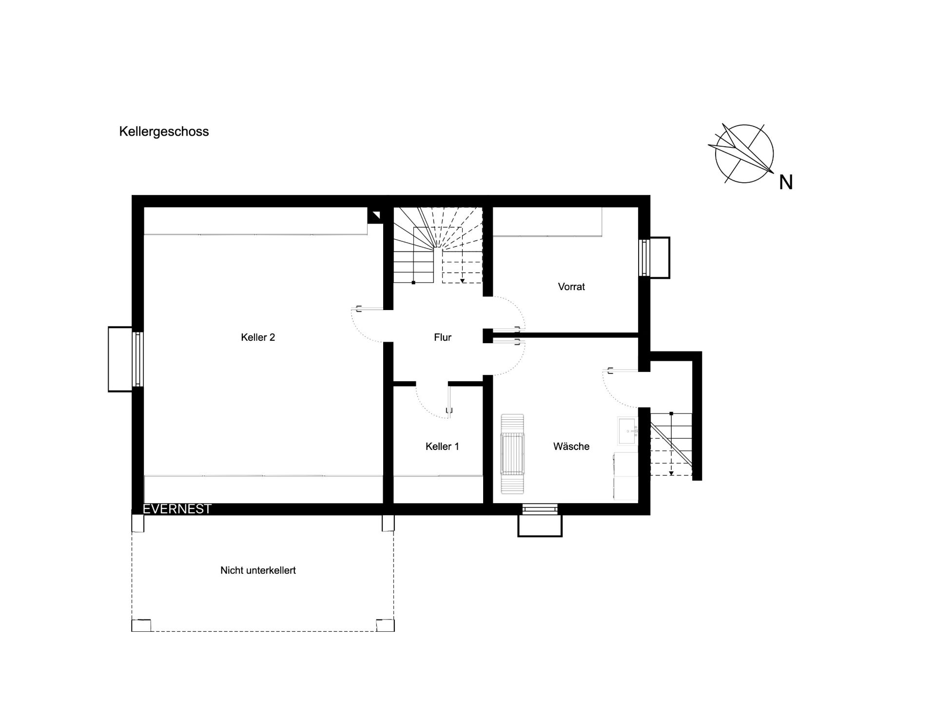 Grundriss eines Kellergeschosses mit Räumen für Keller, Vorrat und Wäsche.