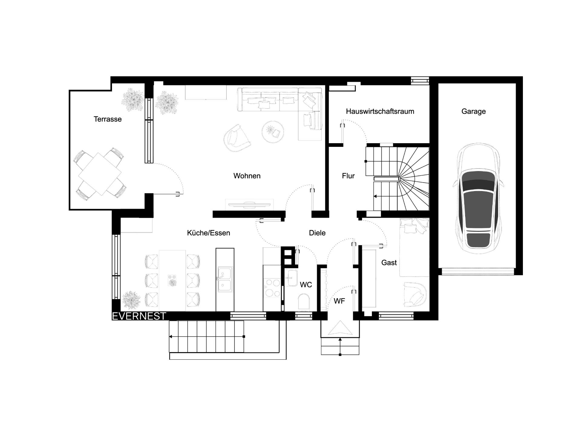 Grundriss des Erdgeschosses mit Terrasse, Wohnzimmer, Küche, Gästezimmer, Garage und Hauswirtschaftsraum.