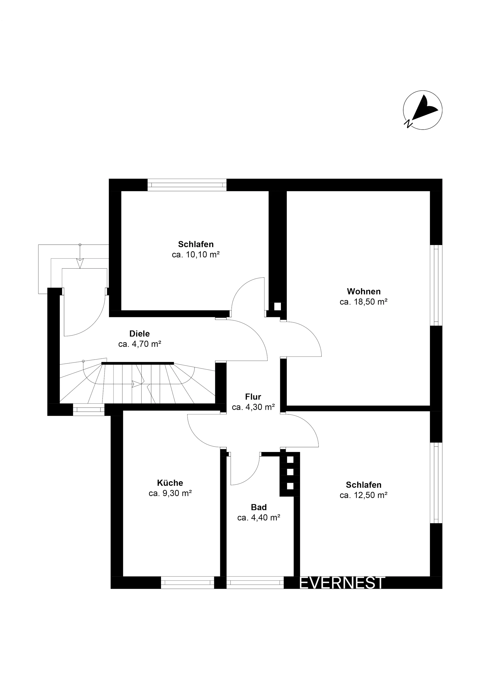 Grundriss einer Wohnung mit zwei Schlafzimmern, Wohnzimmer, Küche, Bad, Flur und Diele.