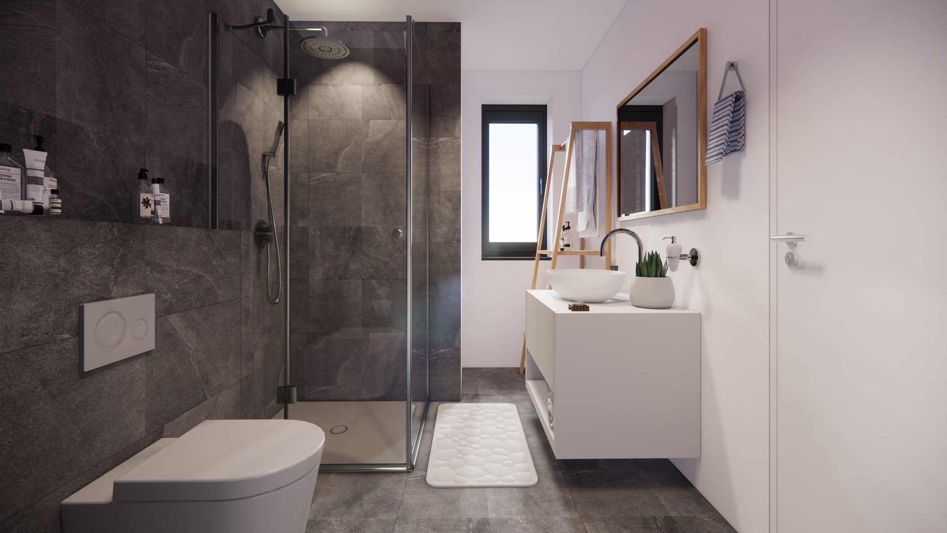 Modernes Badezimmer mit Dusche, WC, Waschbecken und großem Spiegel.