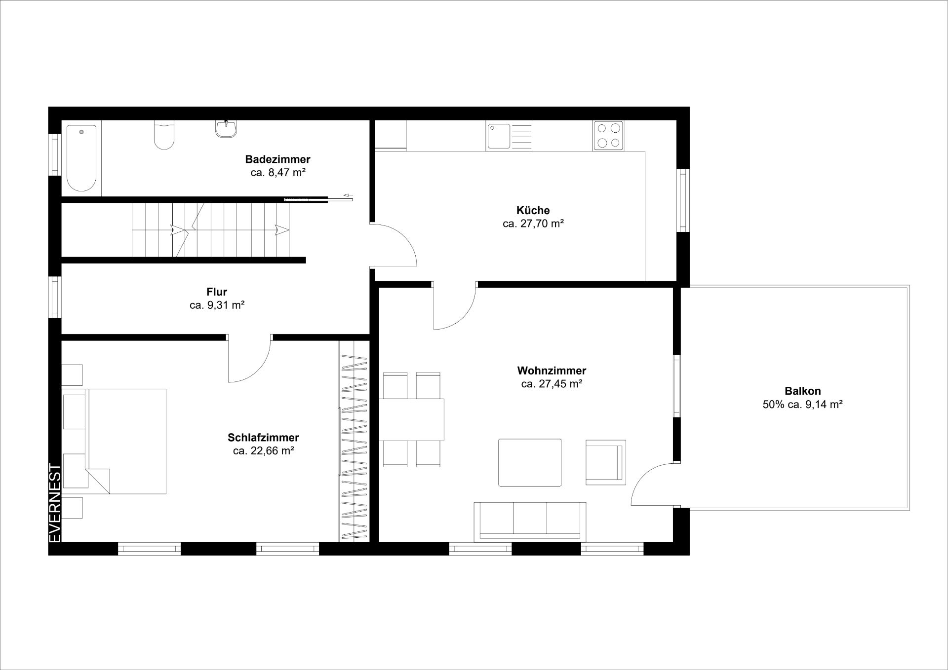 Grundriss einer Wohnung mit Schlafzimmer, Wohnzimmer, Küche, Bad, Flur und Balkon.