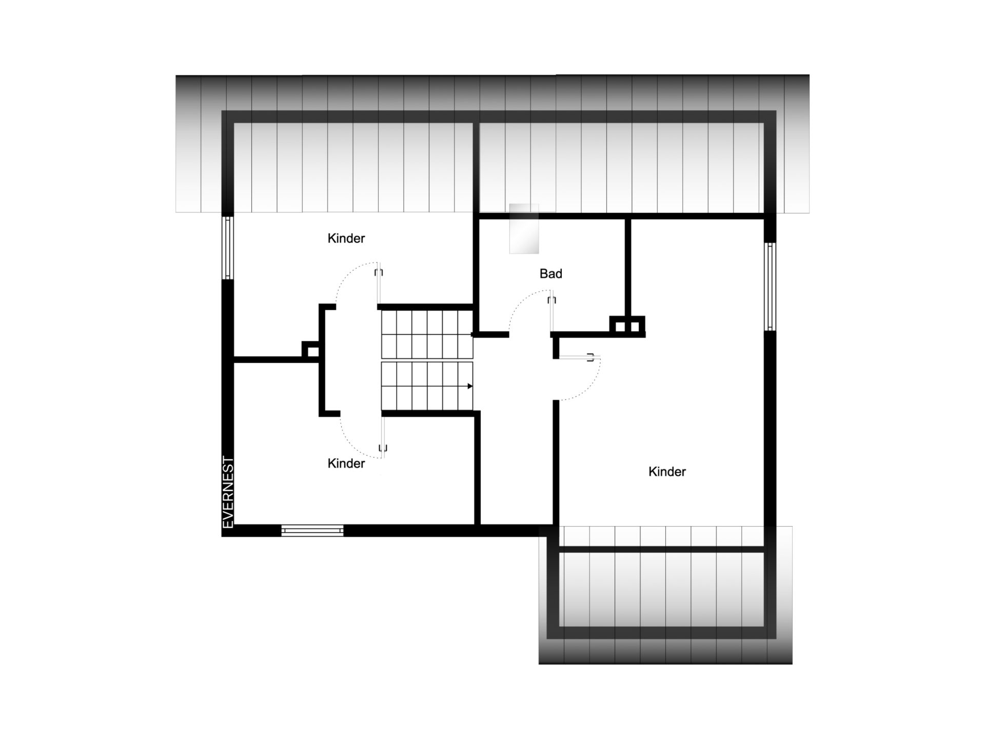 Grundriss mit drei Kinderzimmern, einem Bad und Treppe in der Mitte.