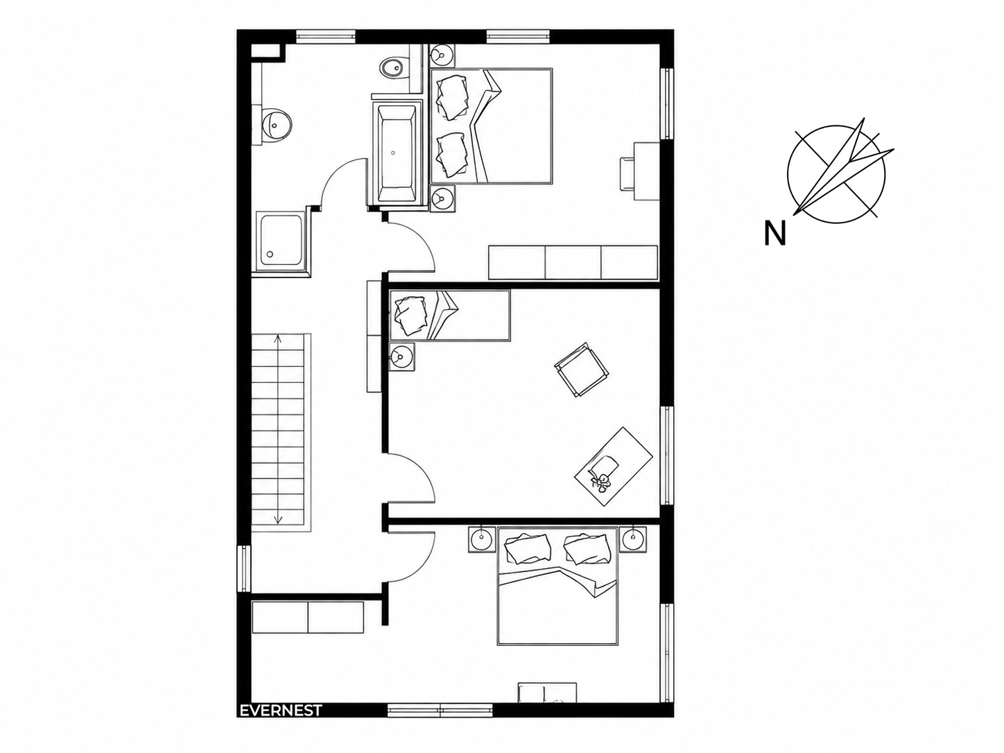 Grundriss einer Wohnung mit zwei Schlafzimmern, Bad, Wohnzimmer und Treppenhaus.