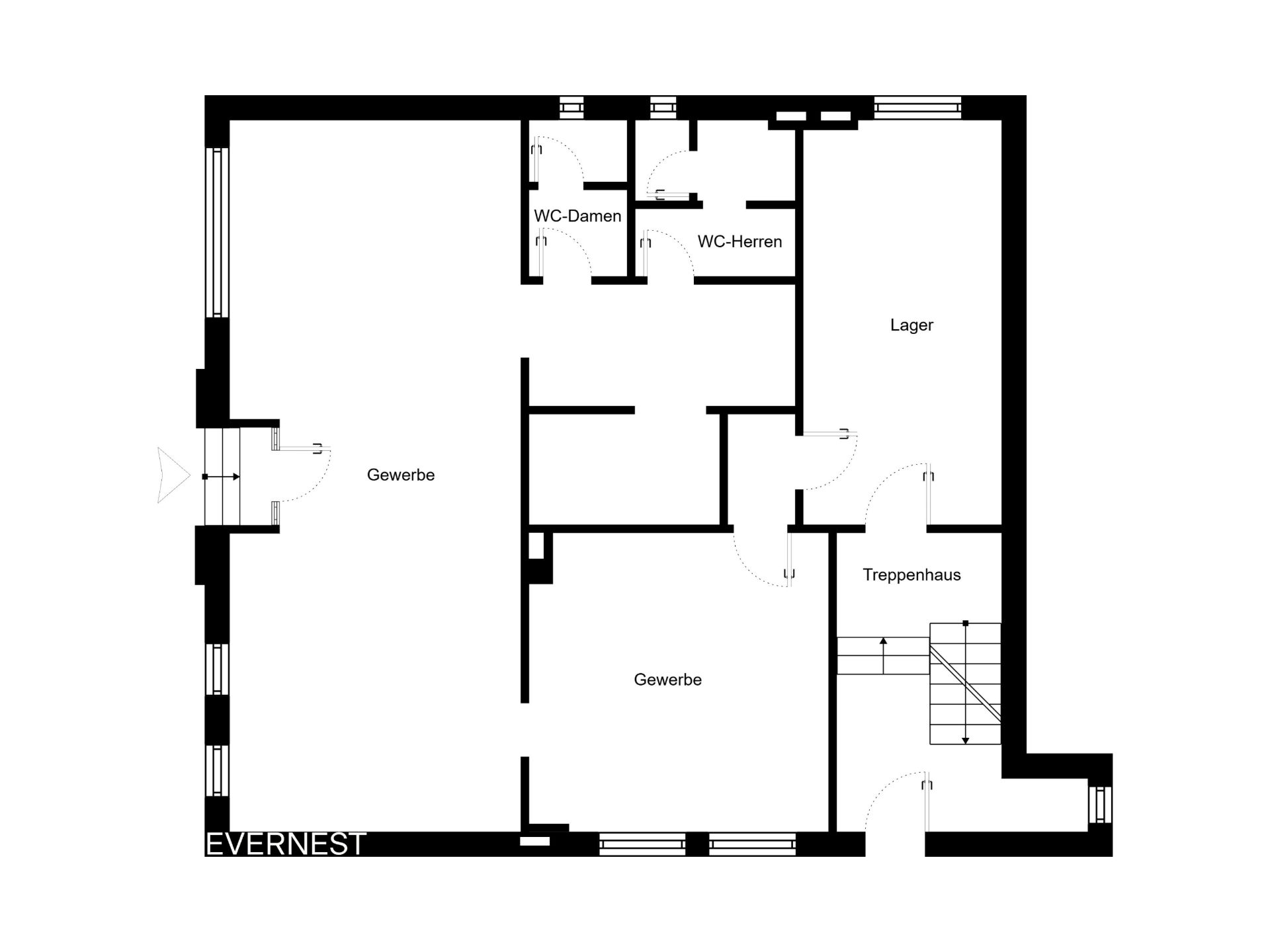 Grundriss mit Gewerbeflächen, Lager, WC-Damen, WC-Herren und Treppenhaus.
