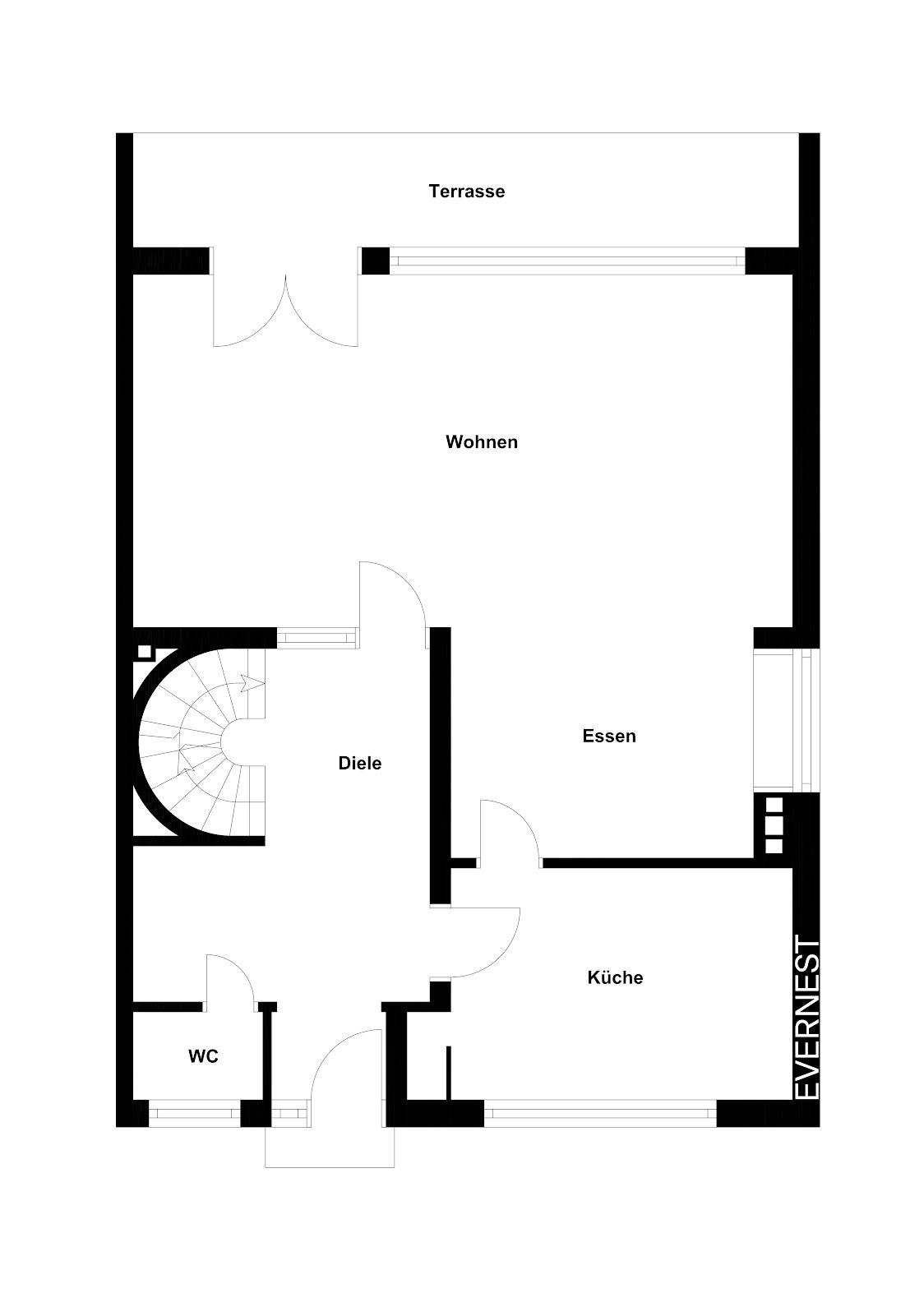 Grundriss mit Terrasse, Wohnzimmer, Diele, Essbereich, Küche und WC.