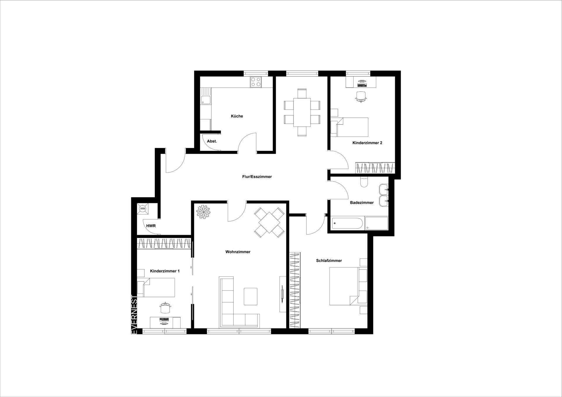 Grundriss einer Wohnung mit Wohnzimmer, Küche, Bad, Schlafzimmer und zwei Kinderzimmern.
