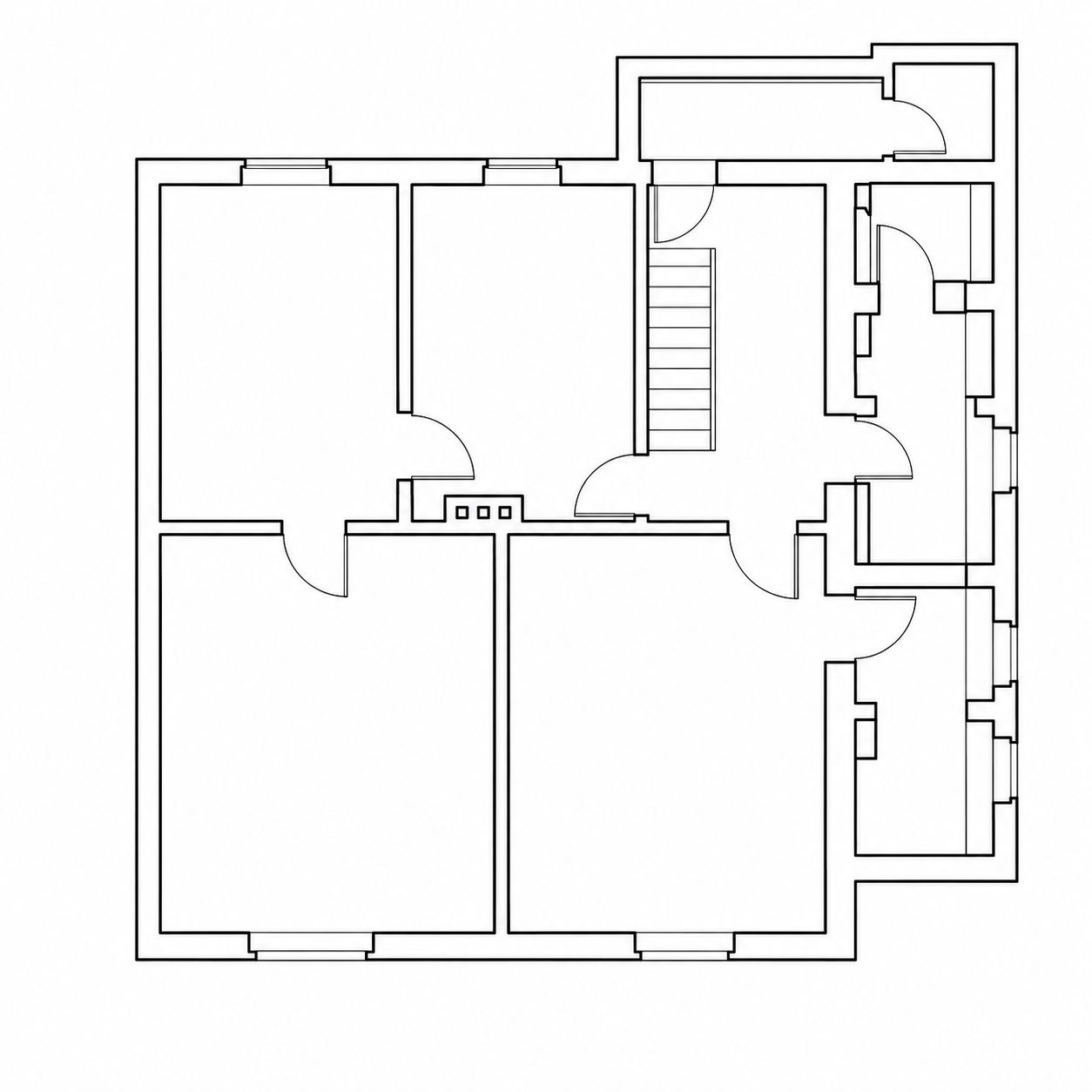 Schwarz-weißer Grundriss einer Wohnung mit mehreren Zimmern und Fluren.