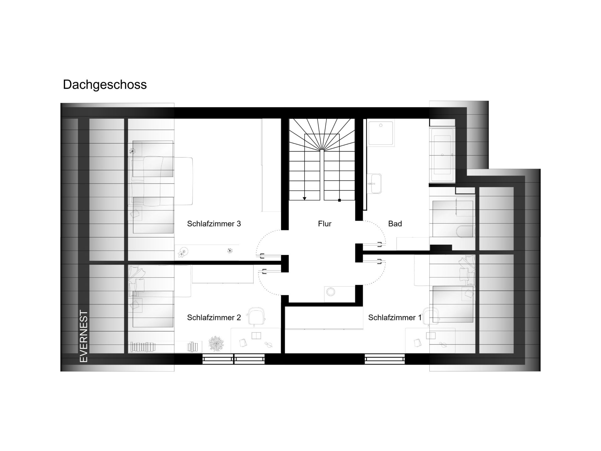 Grundriss vom Dachgeschoss mit drei Schlafzimmern, Bad und Flur.