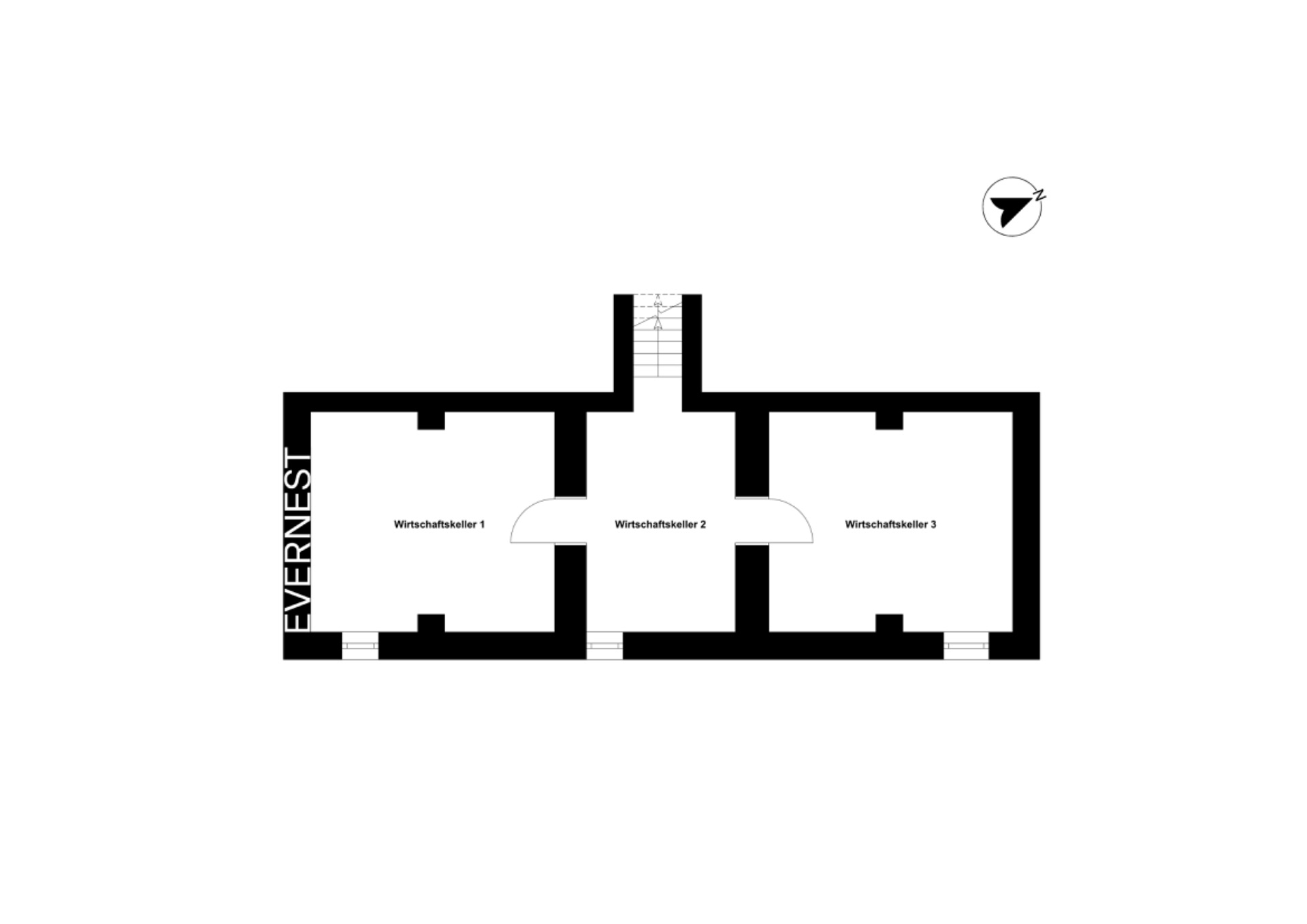 Grundriss eines Kellers mit drei Wirtschaftskellern und einer Treppe oben in der Mitte.