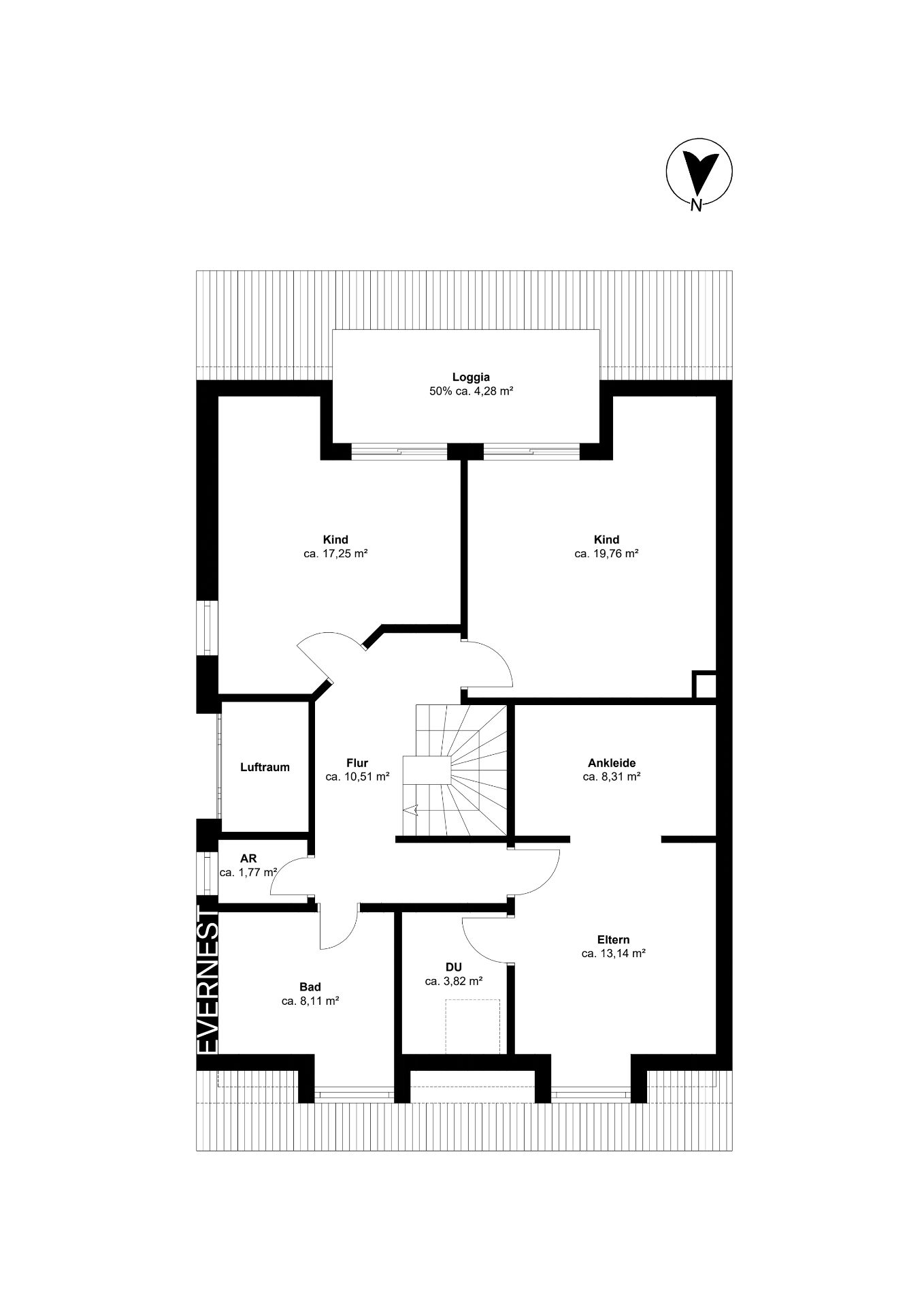 Grundriss mit zwei Kinderzimmern, Elternzimmer, Bad, Dusche, Ankleide, Loggia und Flur.