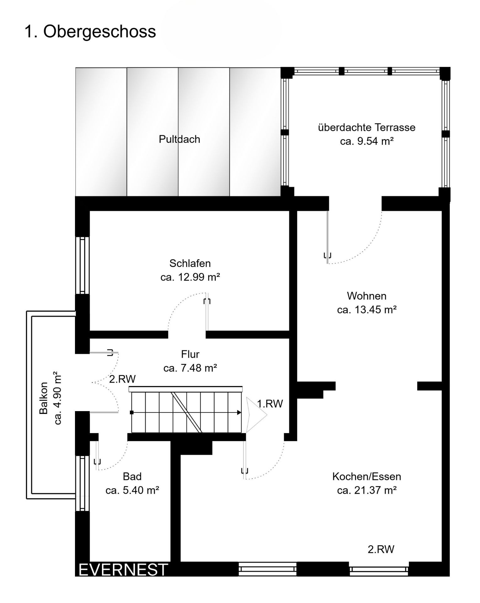 Grundriss des ersten Obergeschosses mit Schlafzimmer, Bad, Balkon, Flur, Wohnzimmer, Küche und Terrasse.