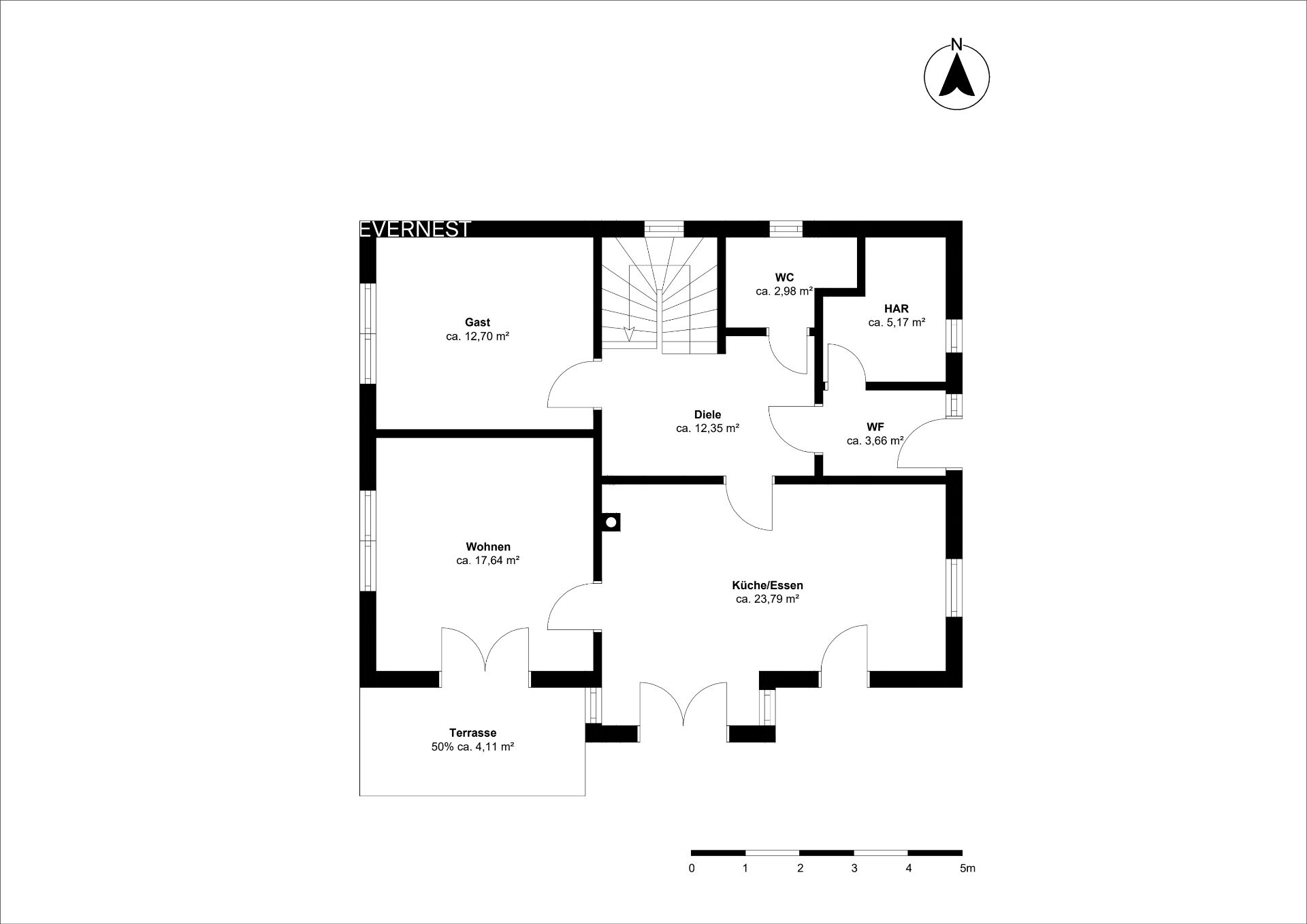 Grundriss einer Wohnung mit Terrasse, Wohn-, Esszimmer, Gästezimmer, WC und Flur.