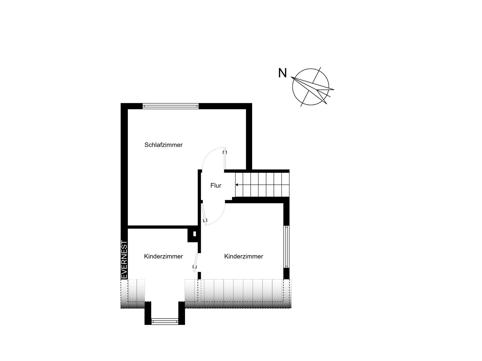 Grundriss mit Schlafzimmer, zwei Kinderzimmern und Flur.