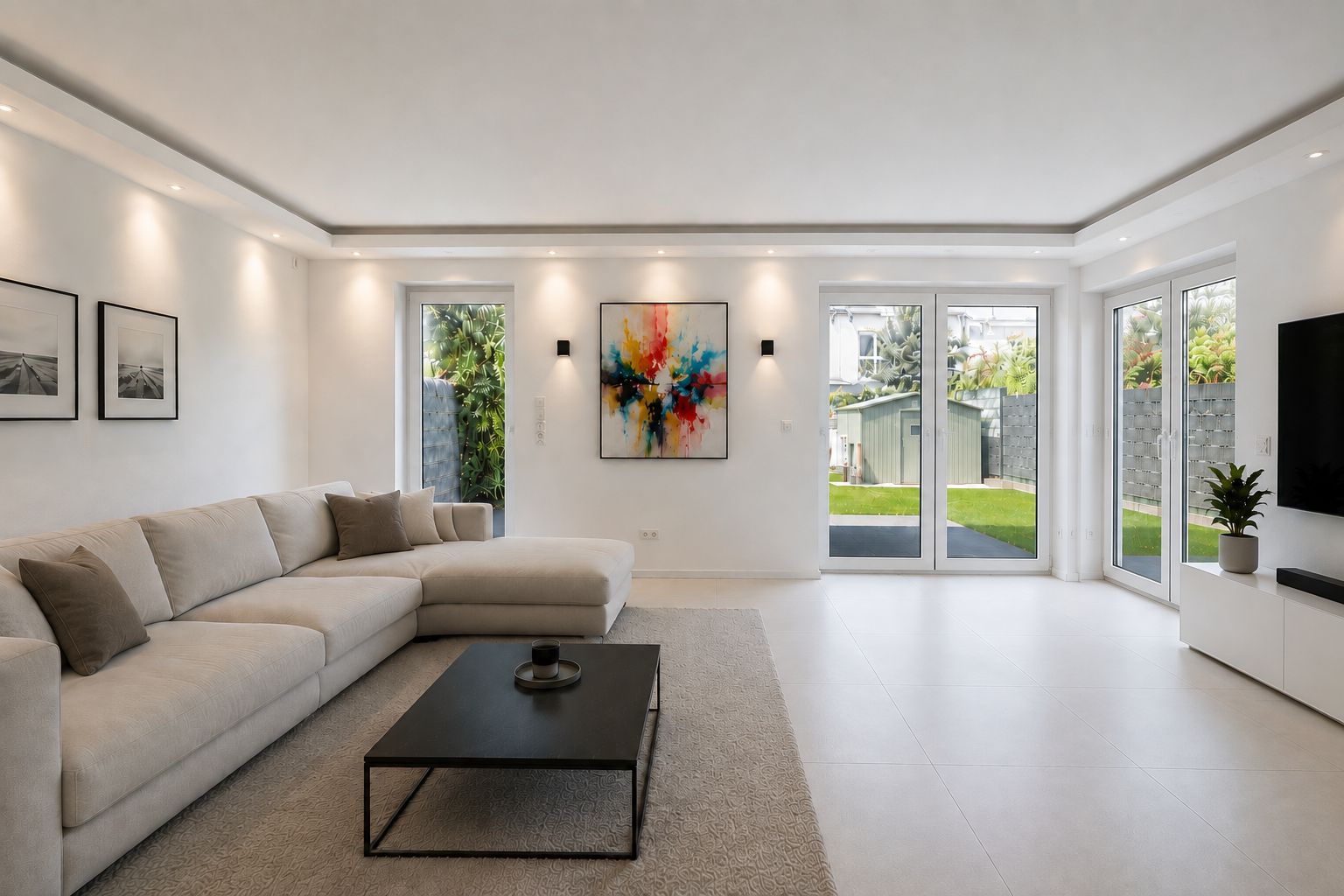 Helles Wohnzimmer mit Ecksofa, Couchtisch, Wandbild, großen Fenstern und Fernseher.