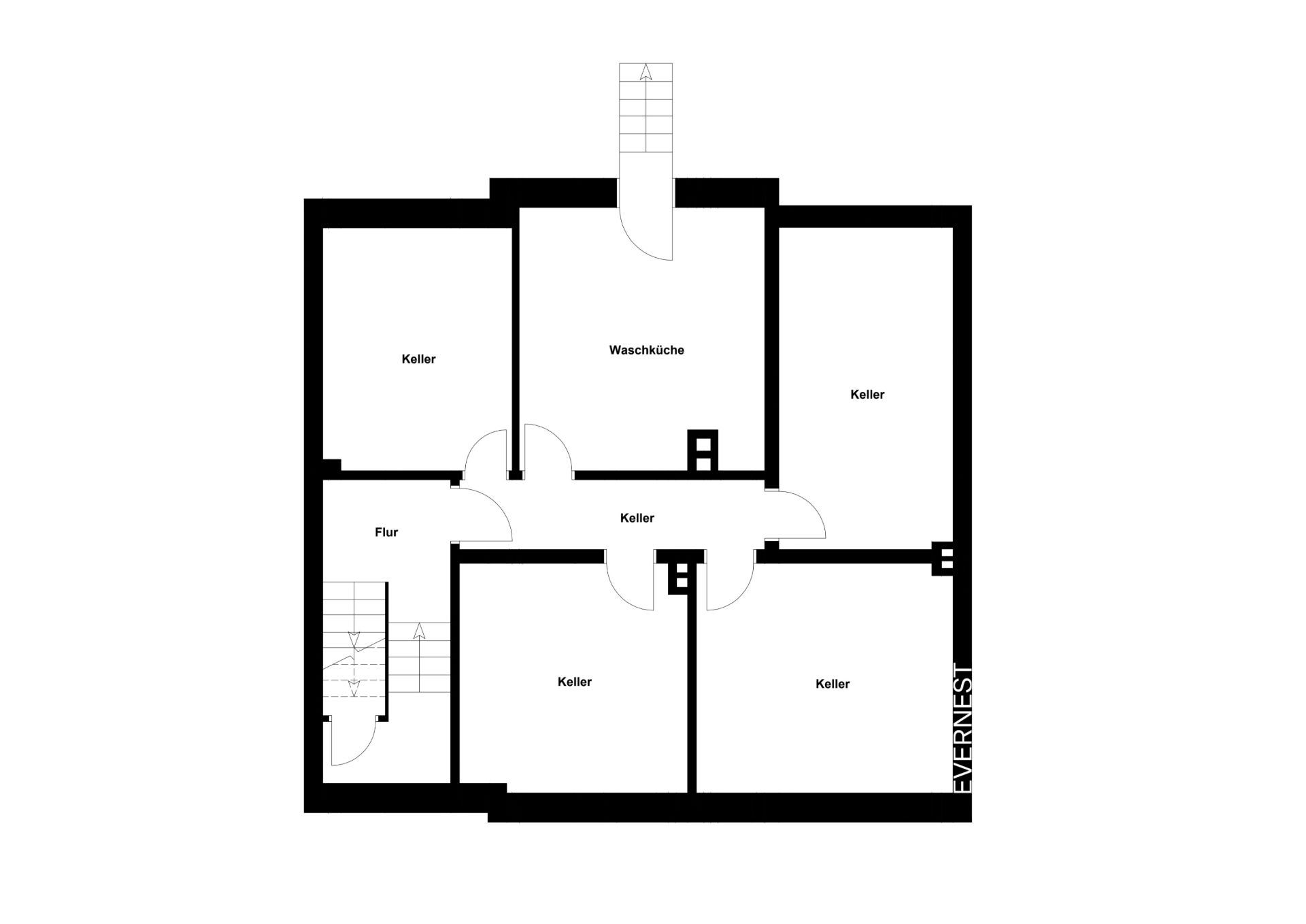 Grundriss mit mehreren Kellerräumen, Waschküche und Flur.
