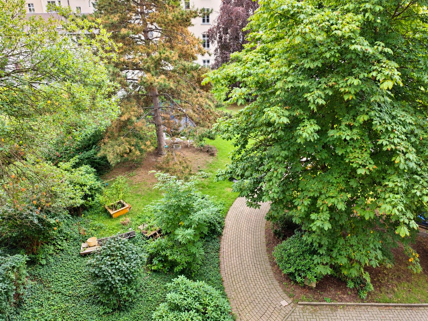 Grüner Garten mit vielen Bäumen, Sträuchern und einem geschwungenen gepflasterten Weg.