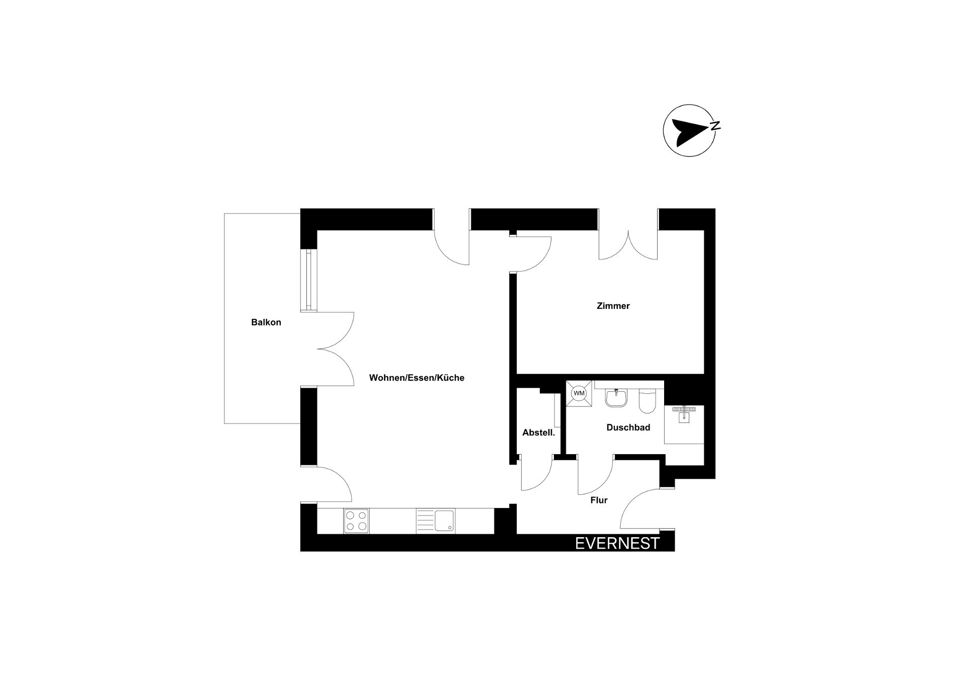 Grundriss einer Wohnung mit Balkon, Wohnküche, Zimmer, Bad, Abstellraum und Flur.
