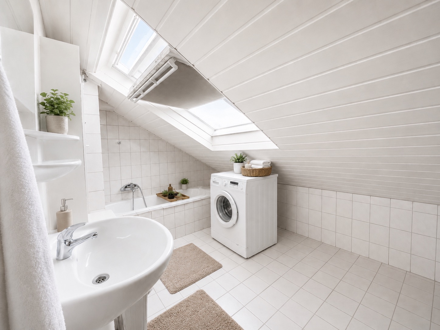Helles Bad mit Dachschräge, Waschmaschine, Badewanne und Dachfenster.