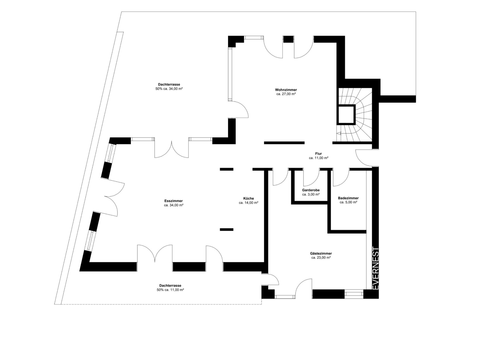 Grundriss mit Wohnzimmer, Esszimmer, Küche, Bad, Garderobe, Glaszimmer und zwei Dachterrassen.