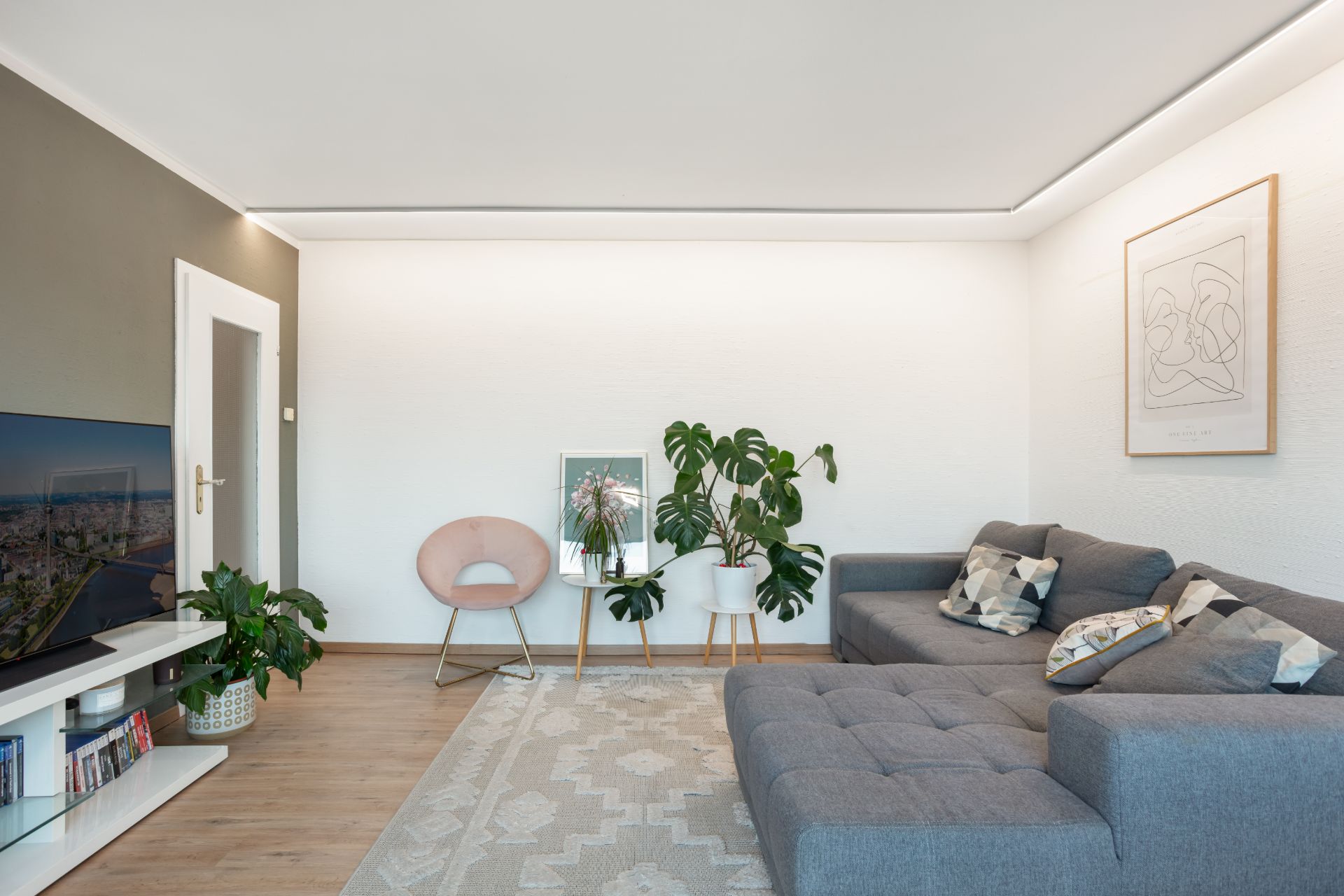 Modernes Wohnzimmer mit grauem Sofa, Teppich, Pflanzen und Wandbildern.