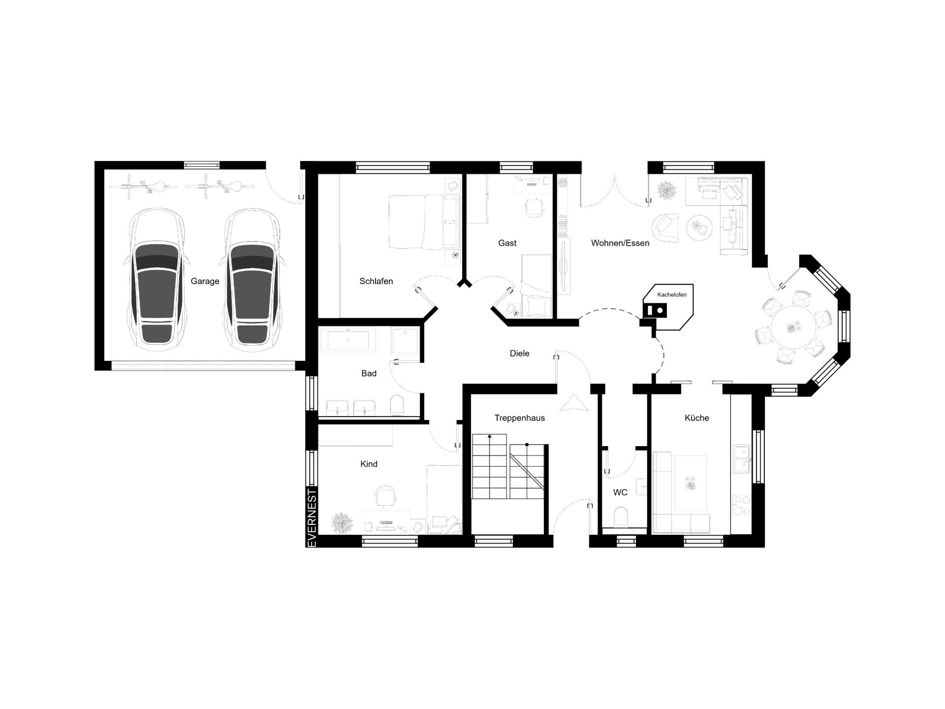 Grundriss eines Hauses mit Garage, drei Schlafzimmern, Bad, Wohn-Essbereich und Küche.