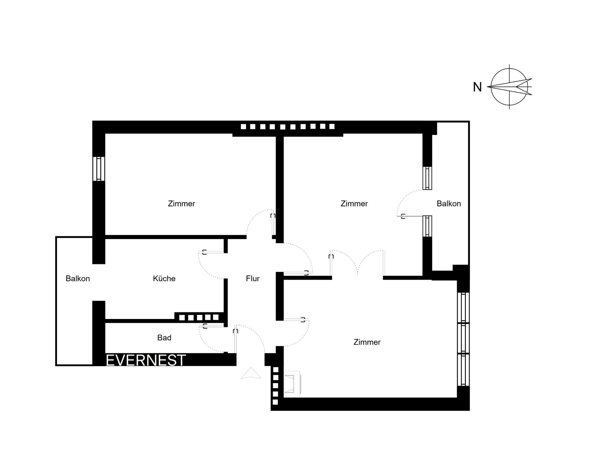 Grundriss einer Wohnung mit drei Zimmern, Küche, Bad, Flur und zwei Balkonen.