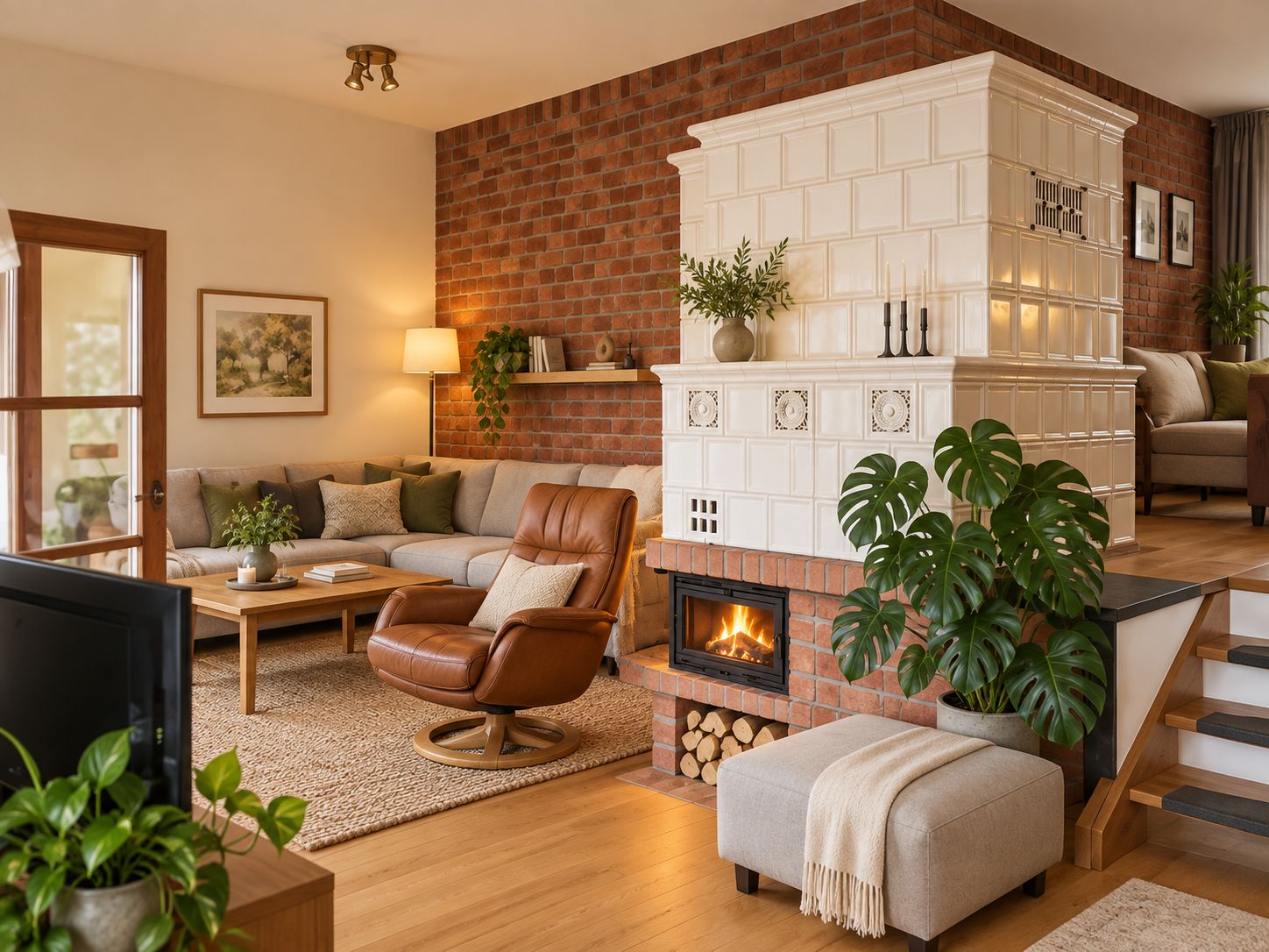 Gemütliches Wohnzimmer mit Ecksofa, Sessel, Kaminofen und Zimmerpflanzen.