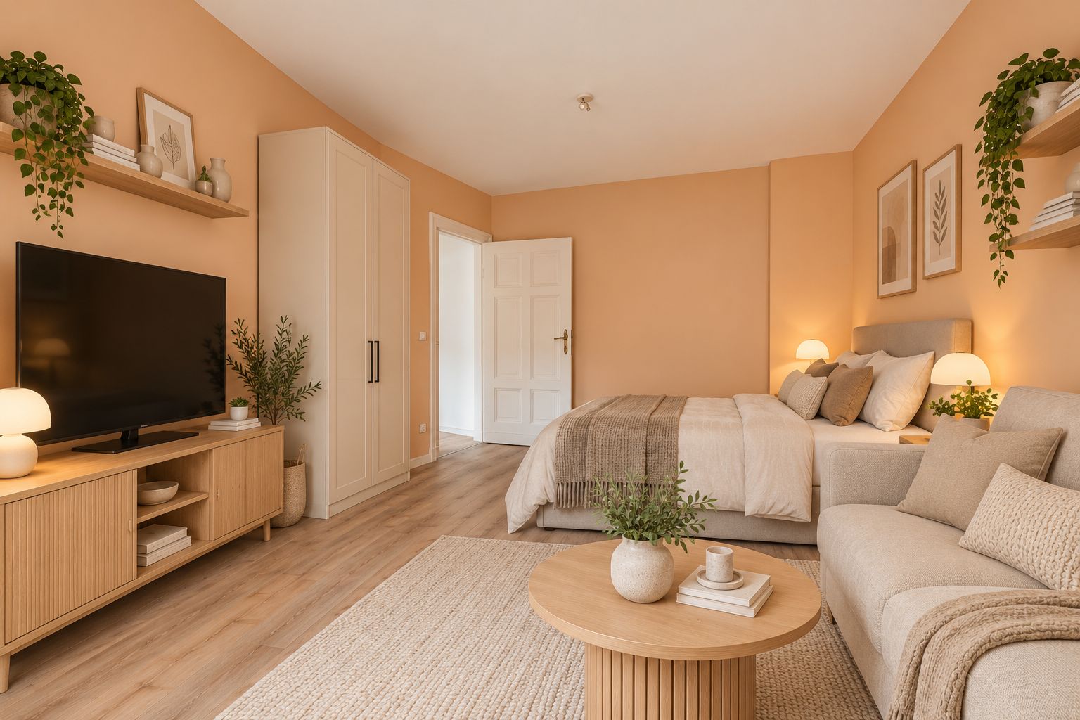 Helles Schlafzimmer mit Doppelbett, Sofa, Fernseher und Pflanzen, gemütlich dekoriert.