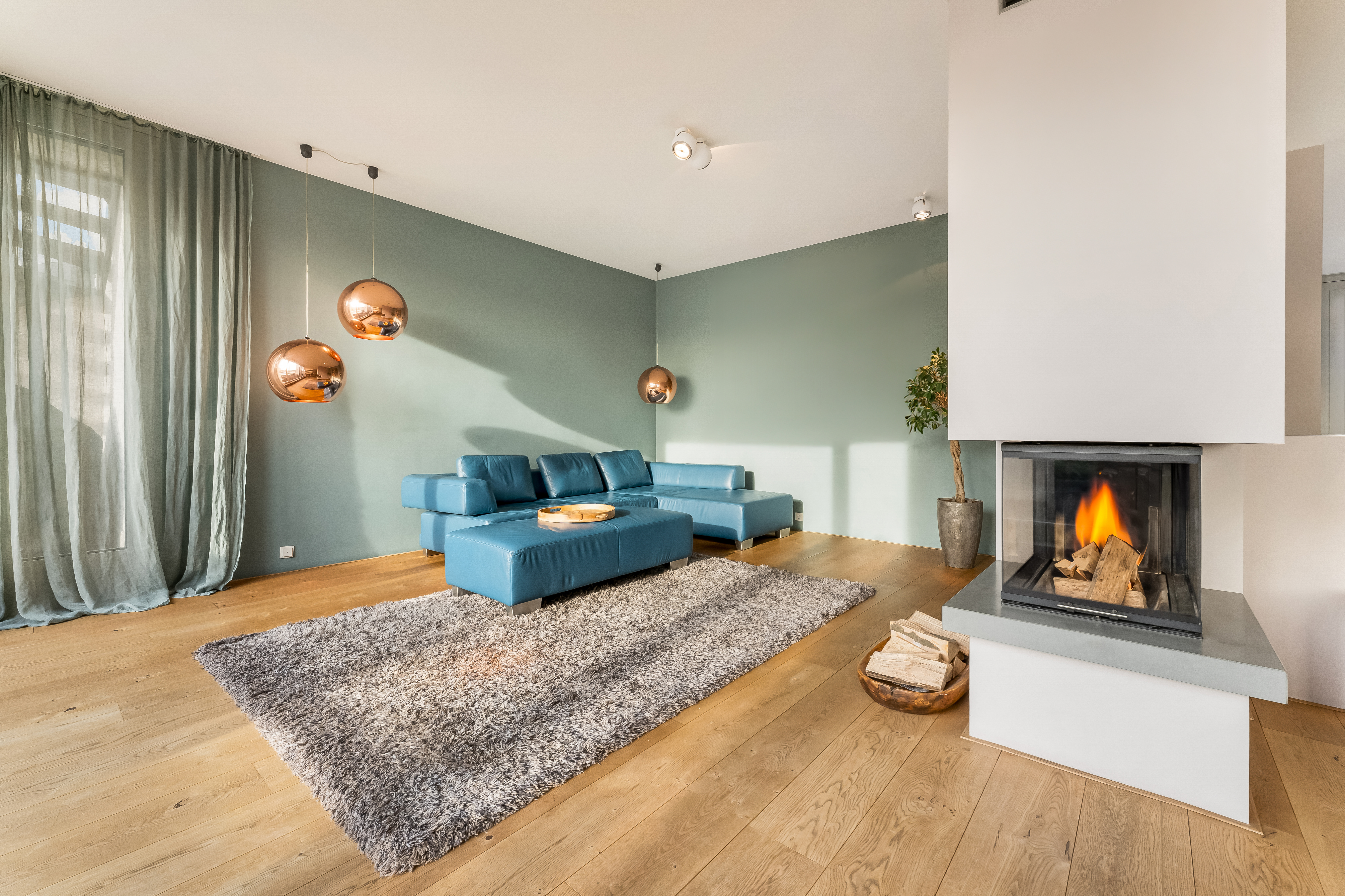 Modernes Wohnzimmer mit blauem Sofa, Kamin, grauem Teppich und Holzfußboden.