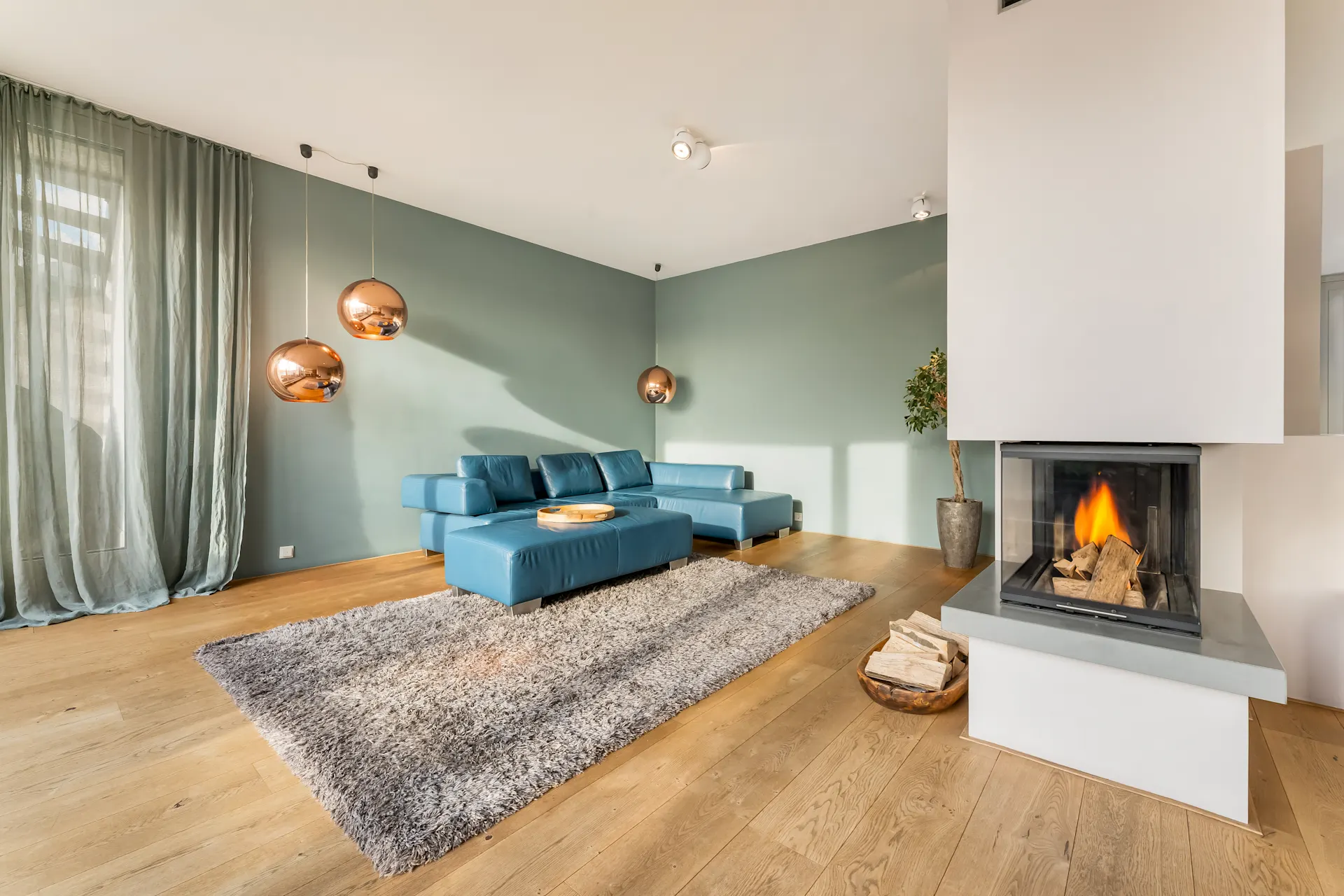 Modernes Wohnzimmer mit blauem Sofa, Kamin, grauem Teppich und Holzfußboden.
