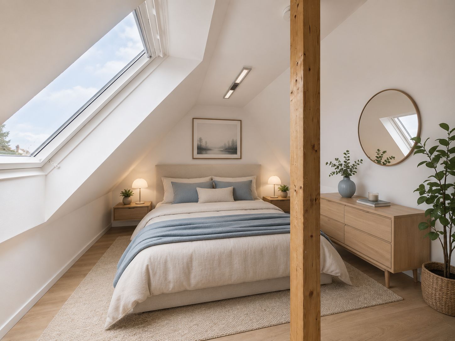 Helles Schlafzimmer mit Dachfenster, Doppelbett, Holzsäule, Kommode und Pflanzen.