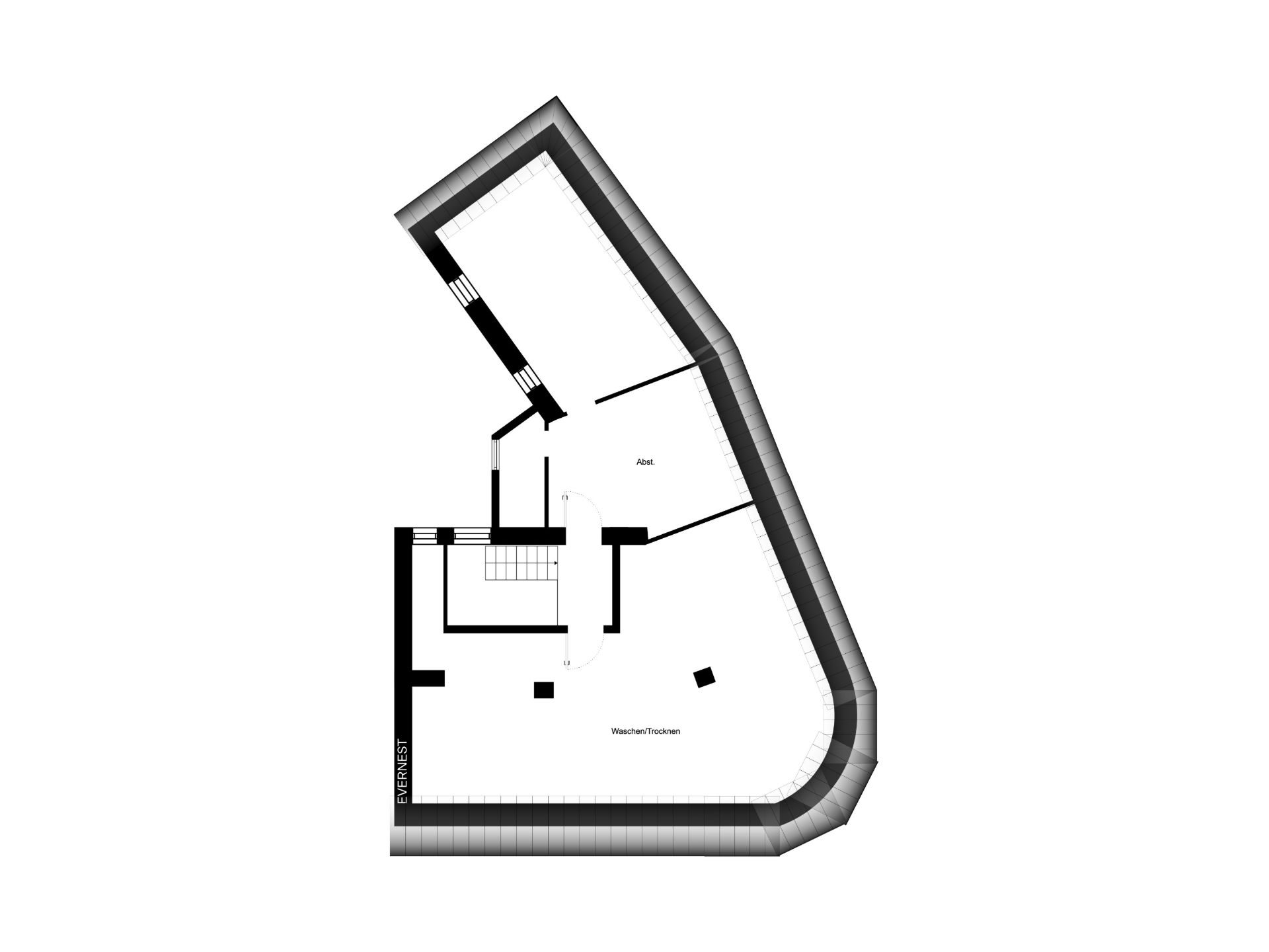 Grundriss eines Wohnhauses mit mehreren Räumen in ungewöhnlicher, eckiger Form.