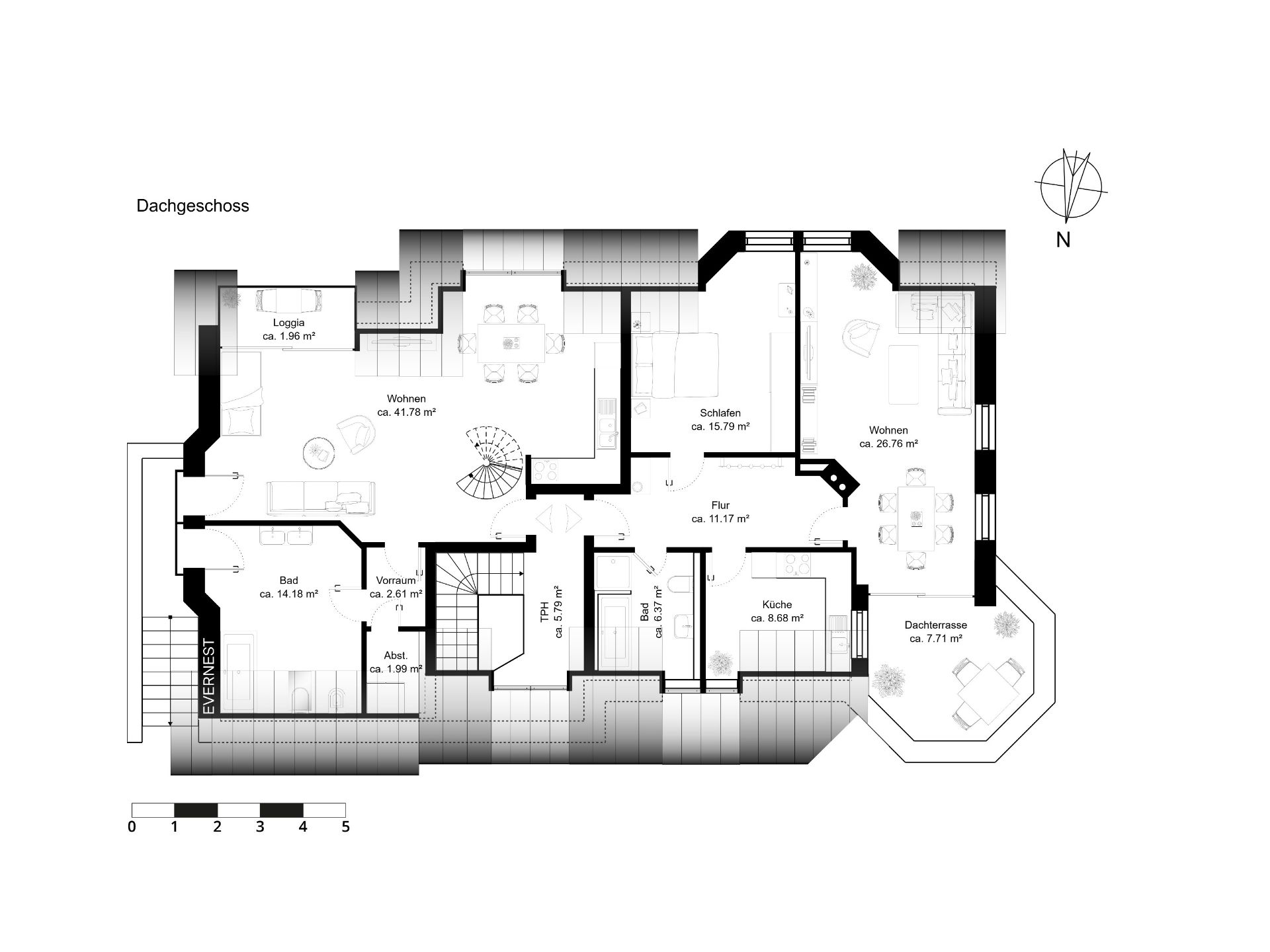 Grundriss eines Dachgeschosses mit Wohnzimmer, Küche, Bad, Schlafzimmer und Dachterrasse.