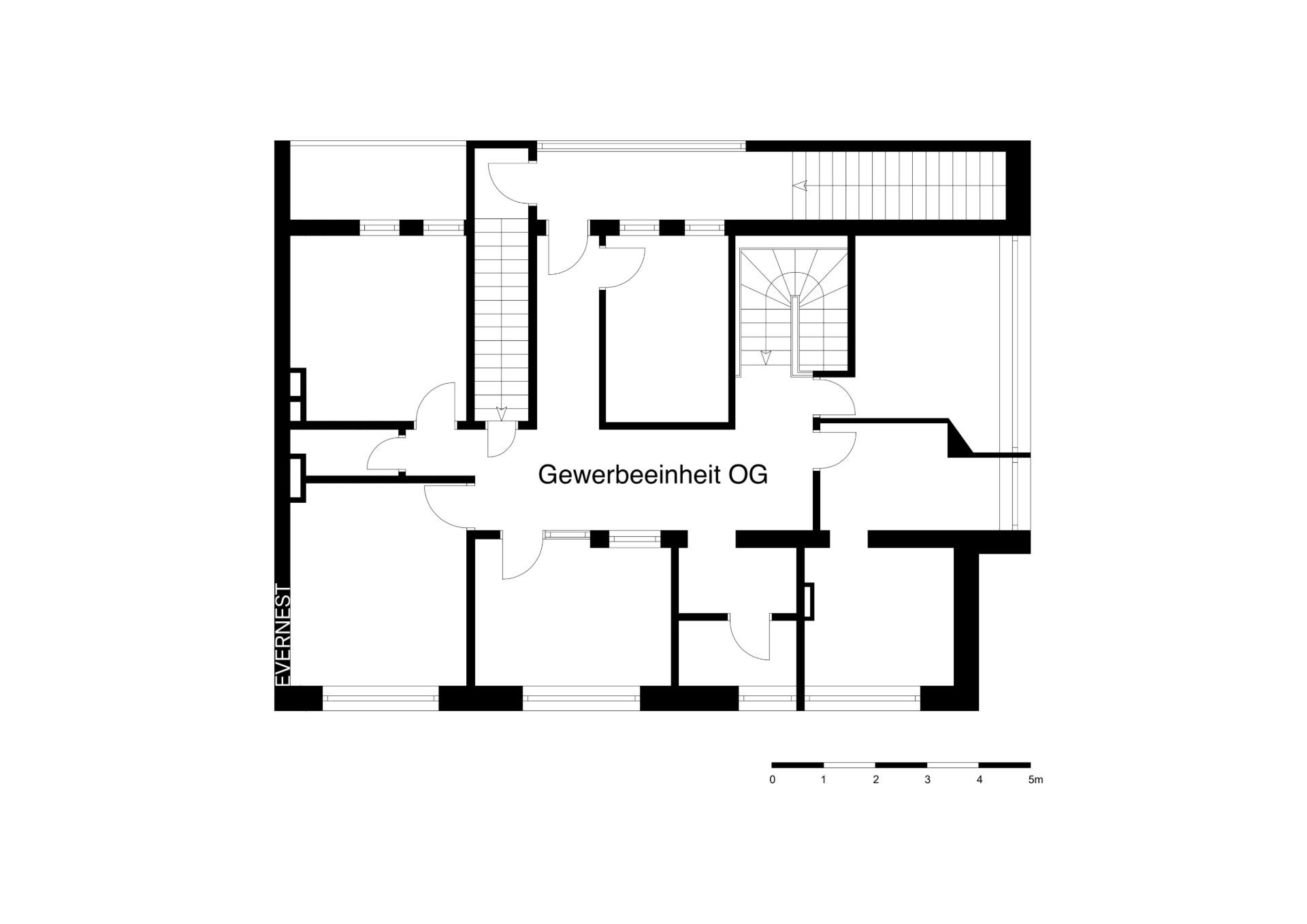 Grundriss mit mehreren Räumen und Flur, Beschriftung 'Gewerbeeinheit OG'.