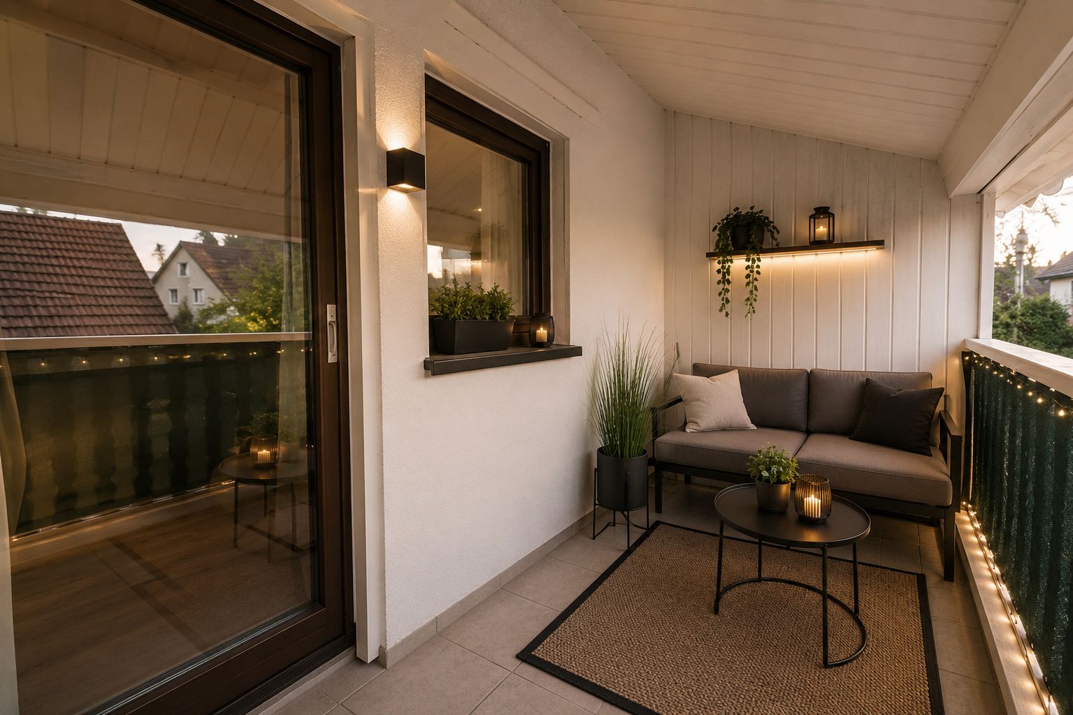 Gemütlicher Balkon mit Sofa, Couchtisch, Pflanzen, Lichterkette und Dekoration bei Abendlicht.
