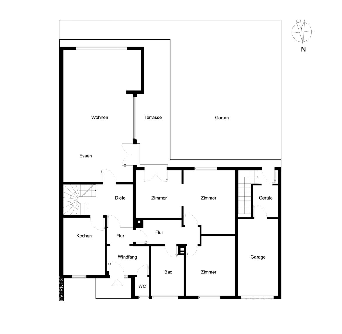 Grundriss eines Wohnhauses mit Zimmern, Küche, Bad, Terrasse, Garten und Garage.