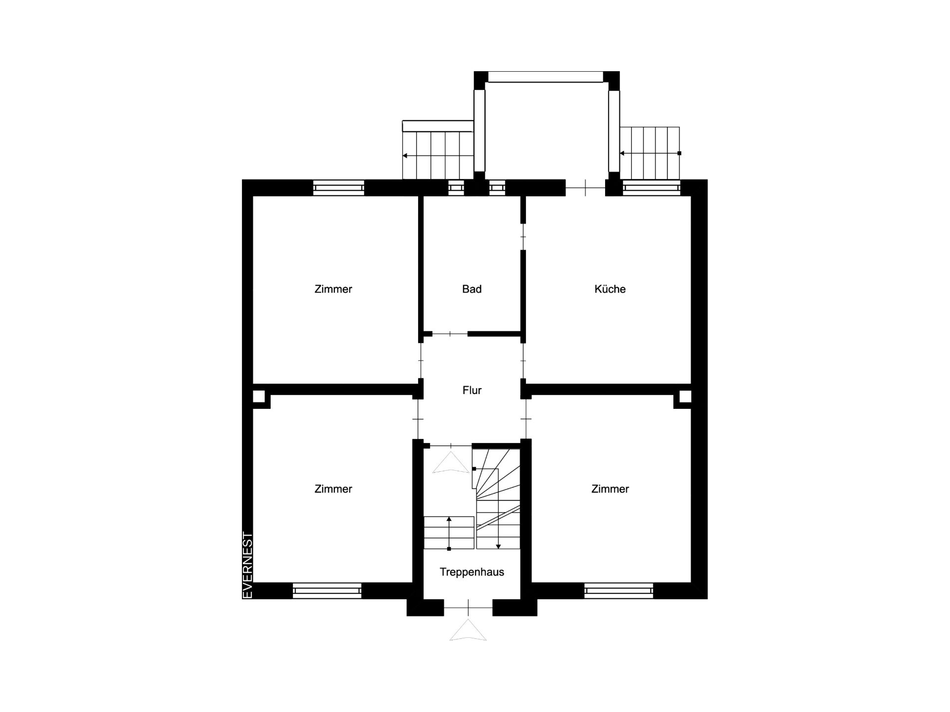 Grundriss einer Wohnung mit vier Zimmern, Küche, Bad, Flur und Treppenhaus.