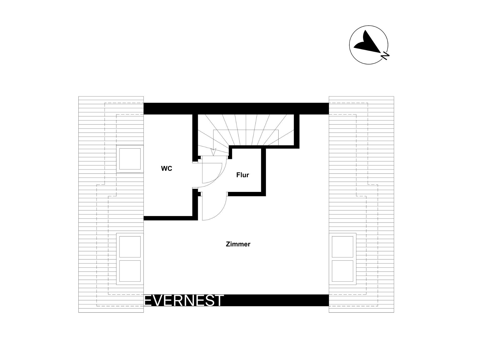 Grundriss mit Zimmer, WC, Flur und zwei Terrassenflächen.