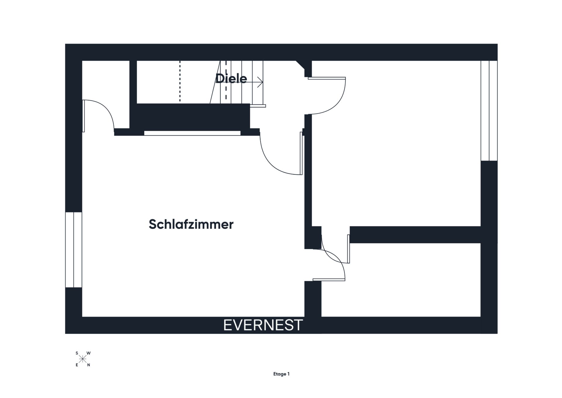 Grundriss mit Schlafzimmer, Diele und angrenzenden Räumen.