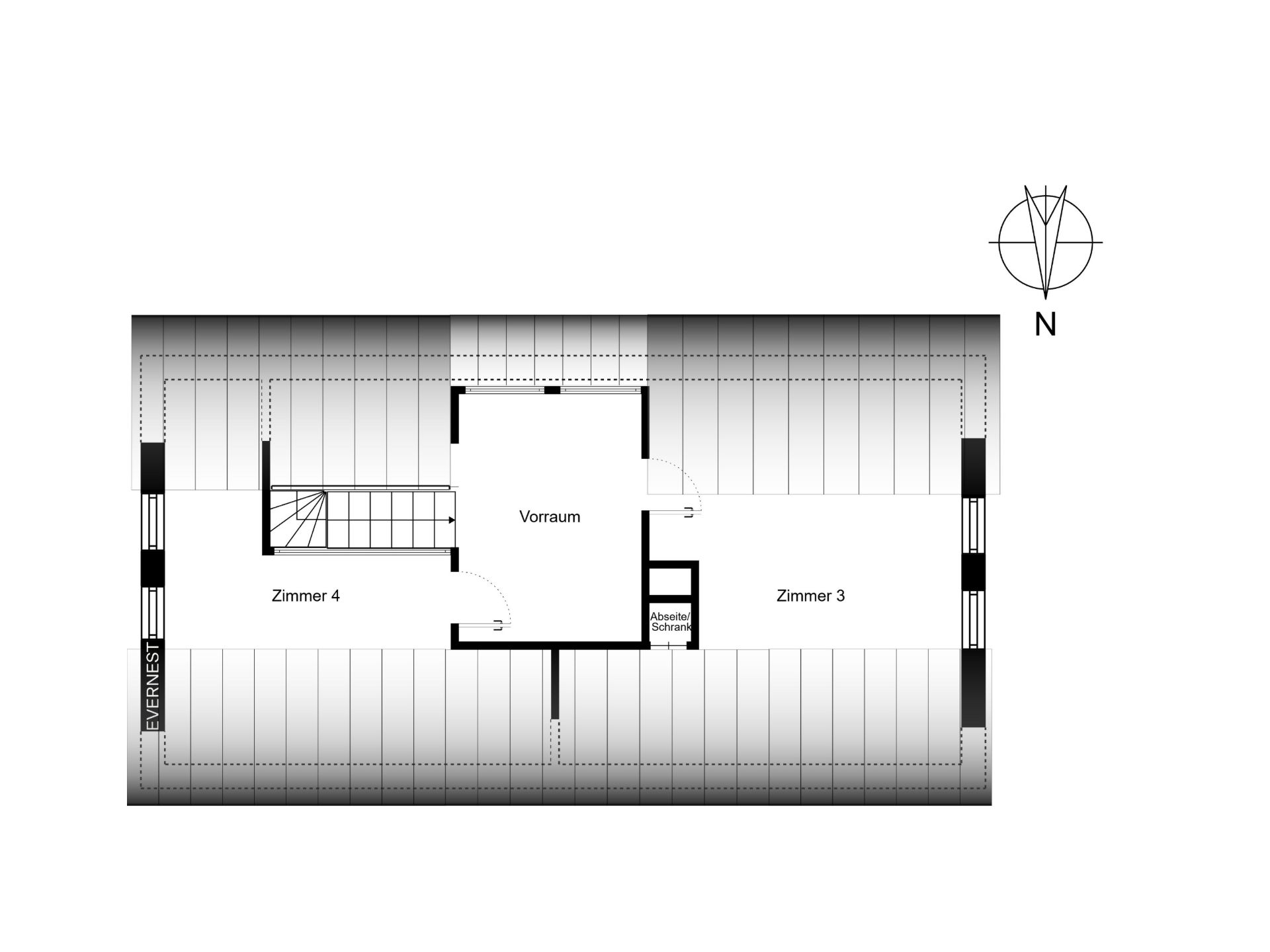 Grundriss zeigt zwei Zimmer, einen Vorraum und einen Abstellraum mit Treppe.