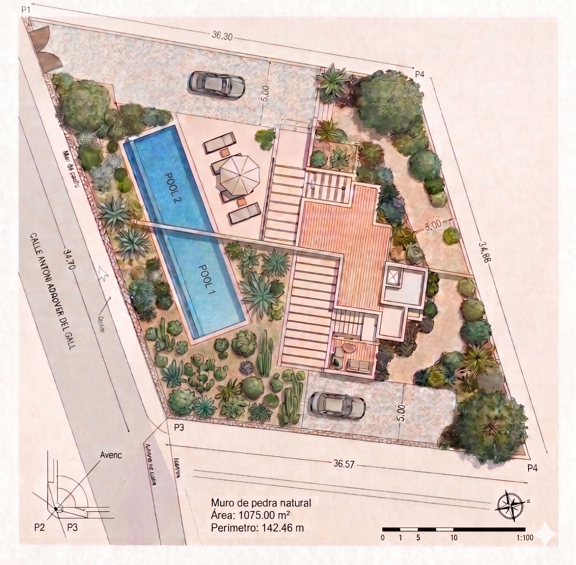 Grundriss eines Hauses mit Garten, zwei Pools, Terrasse, Auto und vielen Pflanzen.