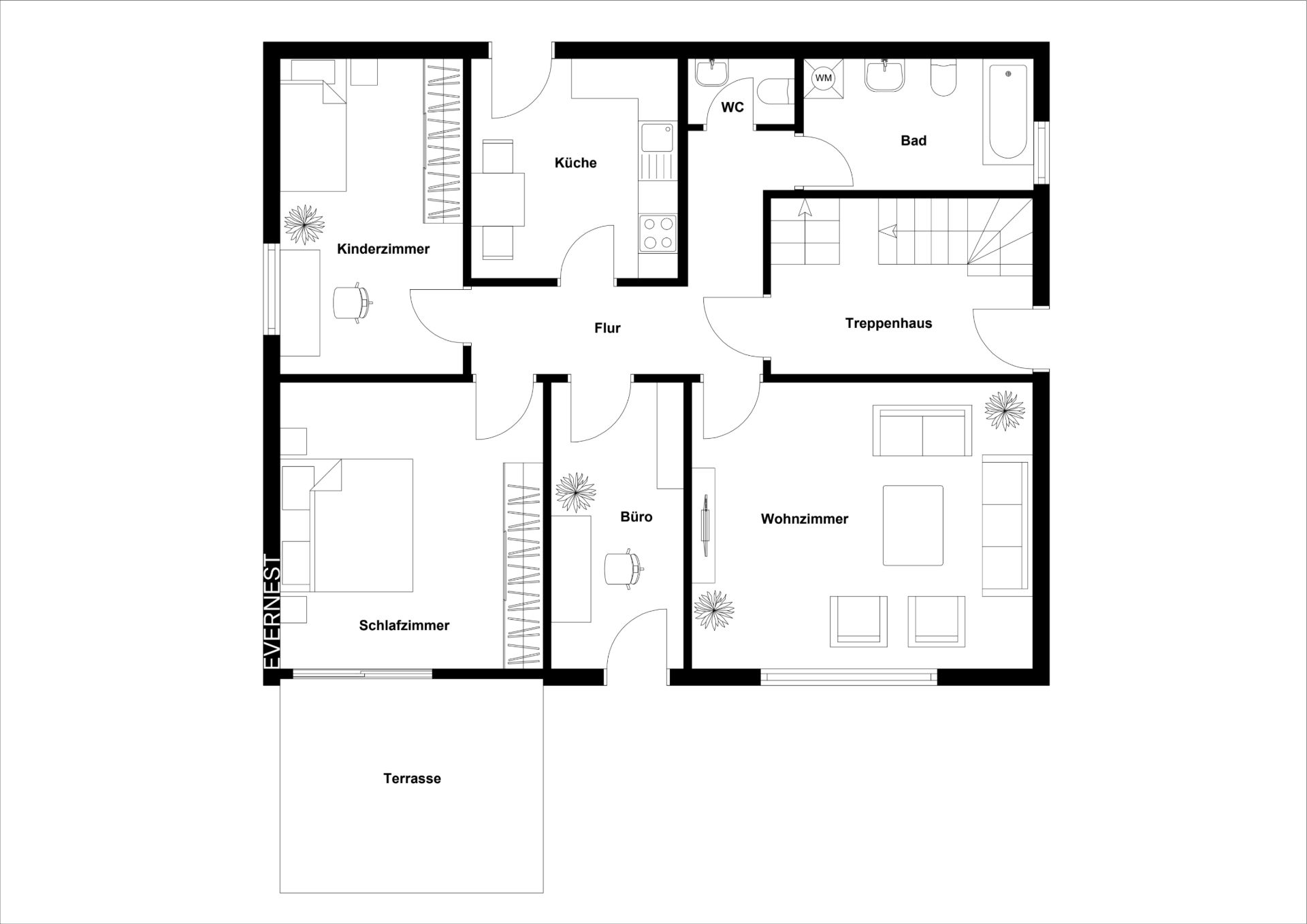 Grundriss einer Wohnung mit Wohnzimmer, Schlafzimmer, Kinderzimmer, Büro, Küche, Bad, WC und Terrasse.