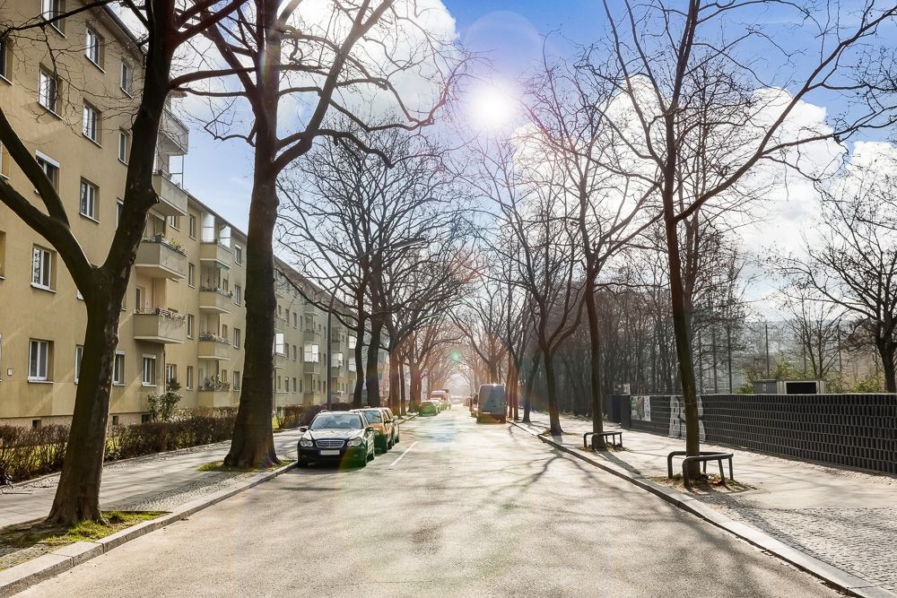 Sonnige Wohnstraße mit parkenden Autos, Bäumen und mehrstöckigen Wohnhäusern.