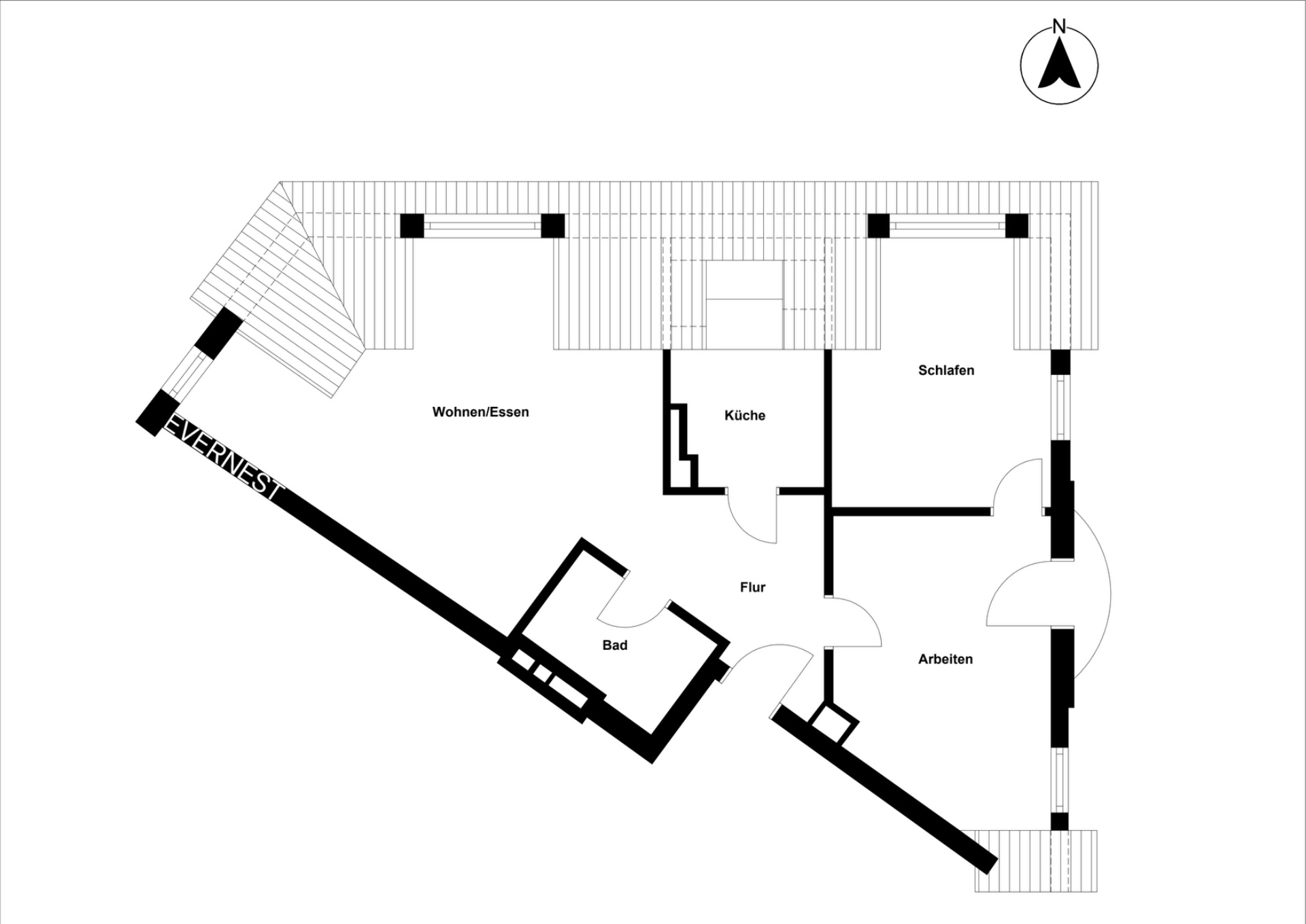 Grundriss einer Wohnung mit Wohn-/Essbereich, Küche, Bad, Schlafzimmer und Arbeitszimmer.