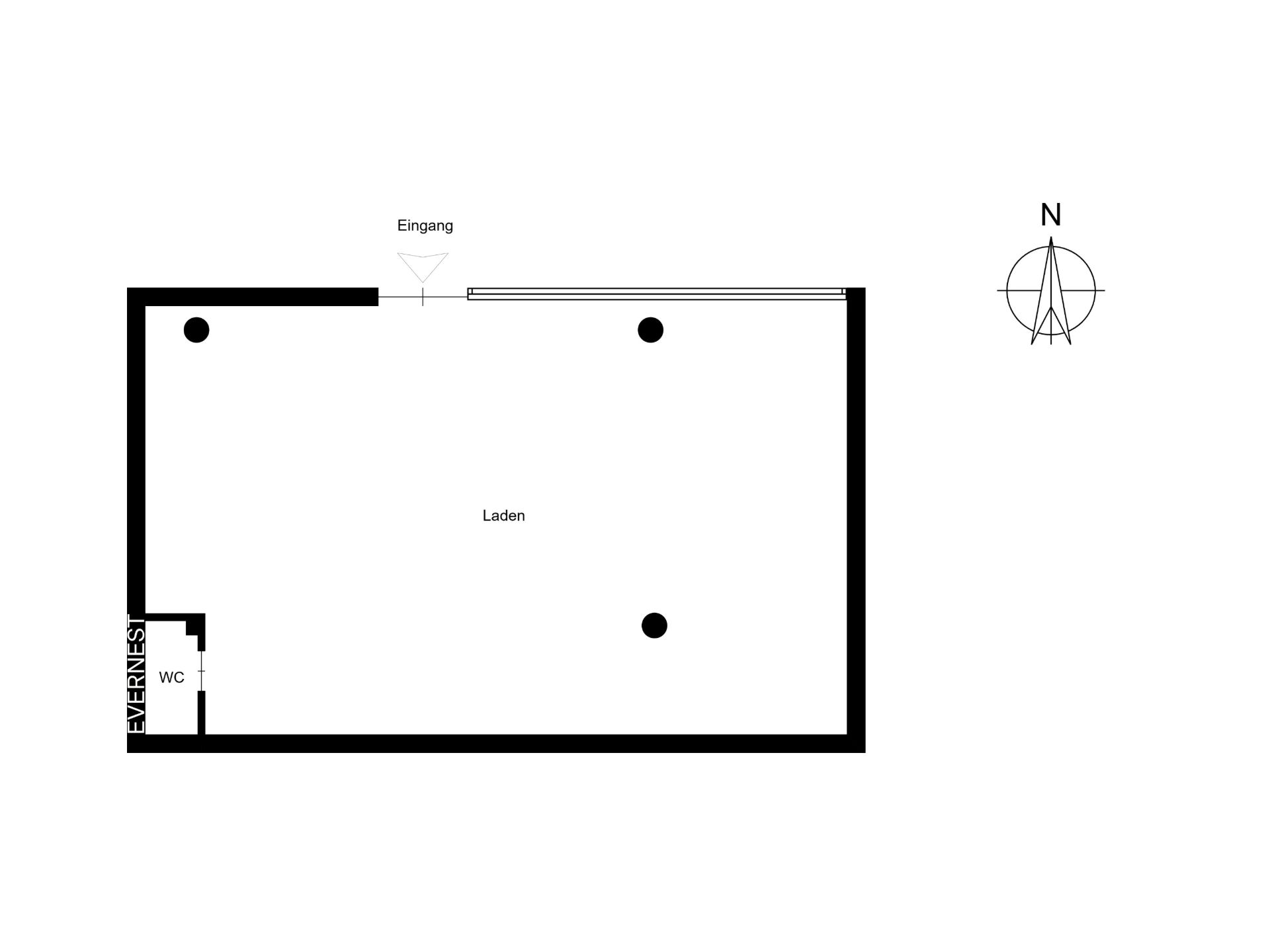Grundriss mit Eingang, großem Raum und kleinem WC-Bereich auf der linken Seite.