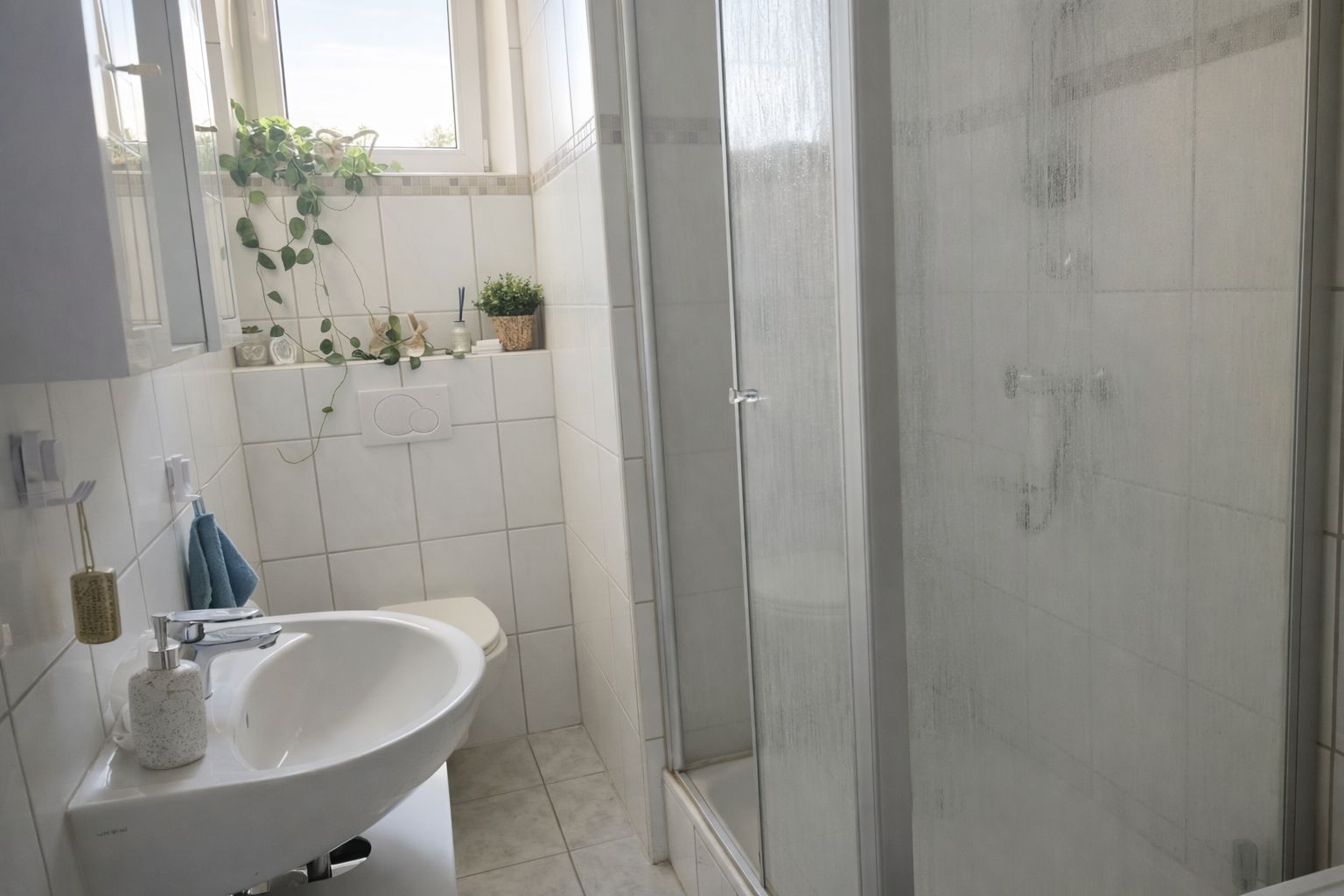 Kleines Badezimmer mit Dusche, Waschbecken, Toilette und Fenster mit Pflanzen auf der Fensterbank.